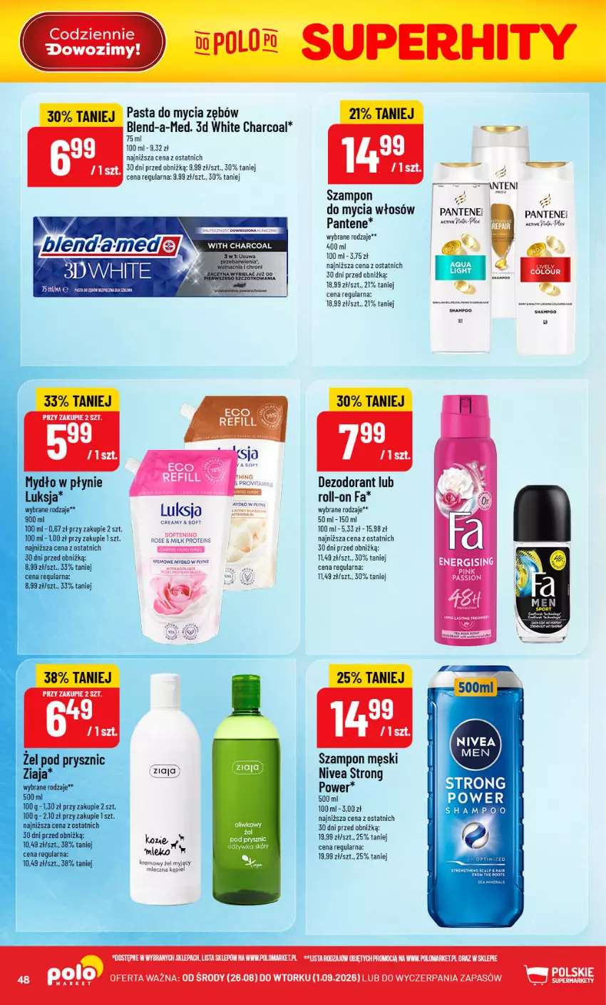 Gazetka promocyjna PoloMarket - Gazetka POLOmarket - ważna 26.08 do 01.09.2026 - strona 48 - produkty: Blend-a-Med, Dezodorant, Fa, Lirene, Luksja, Mleko, Mydło, Nivea, Odżywka, Pantene, Szampon