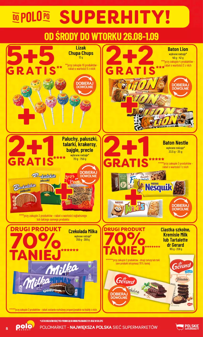 Gazetka promocyjna PoloMarket - Gazetka POLOmarket - ważna 26.08 do 01.09.2026 - strona 8 - produkty: Bajgle, Baton, Chupa Chups, Ciastka, Czekolada, Dr Gerard, Krakersy, Lion, Milka, Precle, Tarta