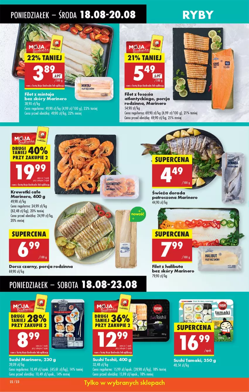 Gazetka promocyjna Biedronka - Od Poniedziałku - ważna 18.08 do 23.08.2025 - strona 26 - produkty: Dorsz, Fa, Halibut, Koc, Krewetki, LG, Mintaj, Por, Sos
