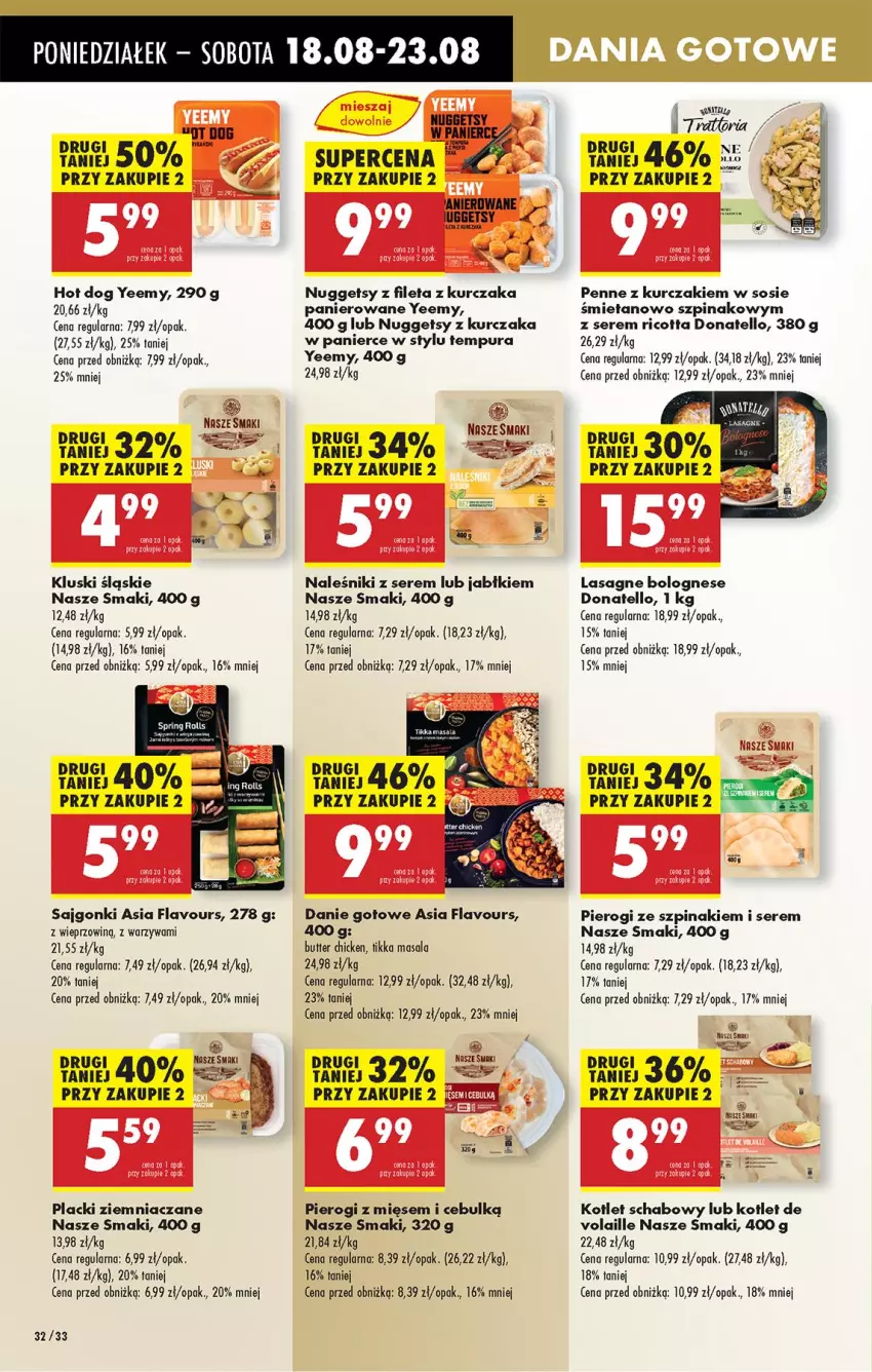 Gazetka promocyjna Biedronka - Od Poniedziałku - ważna 18.08 do 23.08.2025 - strona 38 - produkty: Danie gotowe, Fa, Hot dog, Kotlet, Kurczak, Lack, Lasagne, Lasagne bolognese, Naleśniki, Penne, Pierogi, Pur, Ricotta, Sajgonki, Ser, Sos, Szpinak, Warzywa