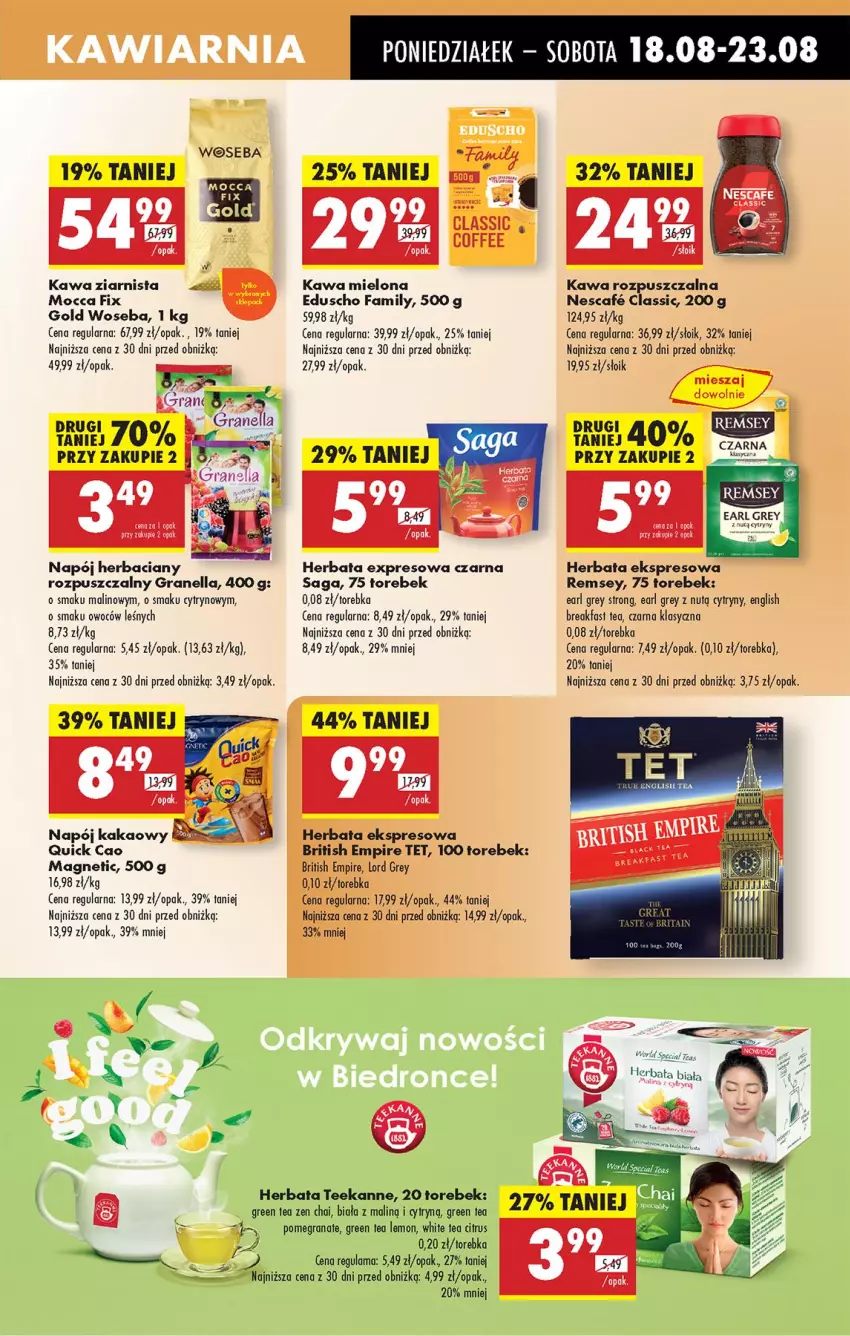 Gazetka promocyjna Biedronka - Od Poniedziałku - ważna 18.08 do 23.08.2025 - strona 39 - produkty: Brit, Cytryny, Earl Grey, Fa, Gra, Granat, Herbata, Kakao, Kawa, Kawa mielona, Kawa rozpuszczalna, Kawa ziarnista, Napój, Saga, Teekanne, Torebka, Woseba