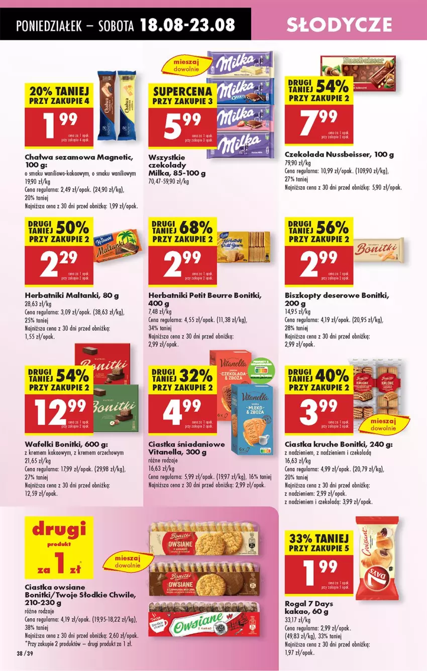 Gazetka promocyjna Biedronka - Od Poniedziałku - ważna 18.08 do 23.08.2025 - strona 44 - produkty: 7 Days, Biszkopty, Bonitki, Chałwa, Ciastka, Ciastka owsiane, Czekolada, Danio, Deser, Herbatniki, Herbatniki Petit Beurre, Kakao, Milka, Rogal, Ser, Sezam