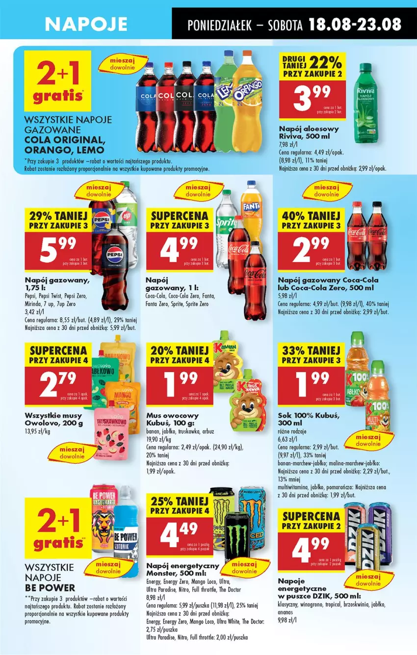 Gazetka promocyjna Biedronka - Od Poniedziałku - ważna 18.08 do 23.08.2025 - strona 49 - produkty: 7up, Ananas, Arbuz, Coca-Cola, Fa, Fanta, Full Throttle, Gin, Kubuś, Mango, Mirinda, Mus, Napój, Napój gazowany, Napoje, Pepsi, Por, Sok, Sprite, Tropical, Wino