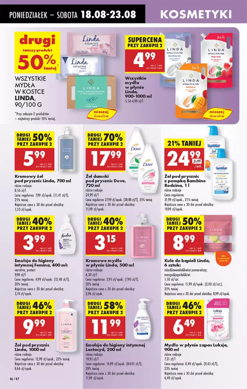 Gazetka promocyjna Biedronka - Od Poniedziałku - ważna 18.08 do 23.08.2025 - strona 56 - produkty: Dove, Emulsja, Kiwi, Lactacyd, Luksja, Mango, Mydło, Mydło w płynie, Por, Róża