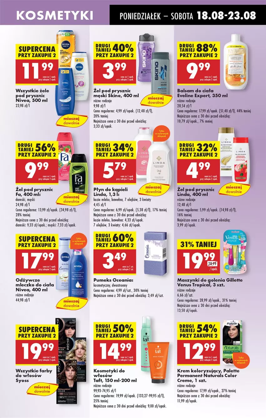 Gazetka promocyjna Biedronka - Od Poniedziałku - ważna 18.08 do 23.08.2025 - strona 57 - produkty: Balsam do ciała, Color Creme, Eveline, Fa, Gillette, Gillette Venus, Mleczko, Mleczko do ciała, Mleko, Nivea, Olej, Palette, Płyn do kąpieli, Pumeks, Syoss, Taft, Tropical, Venus, Wełna