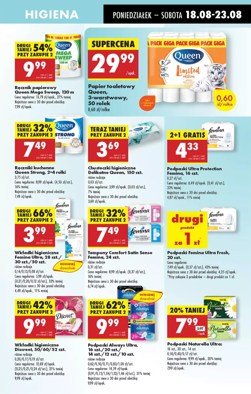 Gazetka promocyjna Biedronka - Od Poniedziałku - ważna 18.08 do 23.08.2025 - strona 59 - produkty: Always, Always Ultra, Chusteczki, Discreet, Gra, Naturell, Naturella, Papier, Papier toaletowy, Podpaski, Ręcznik, Rolki, Sati, Tampony, Tera, Wkładki