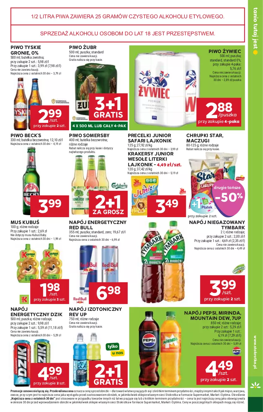 Gazetka promocyjna Stokrotka - Supermarket - ważna 20.08 do 26.08.2026 - strona 33 - produkty: 7up, Chrupki, Fa, Gra, Krakersy, Kubuś, Lajkonik, Mięso, Mirinda, Mus, Napój, Napój energetyczny, Napój izotoniczny, Napój niegazowany, Optima, Owoce, Pepsi, Piwa, Piwo, Precelki, Red Bull, Somersby, Tymbark, Tyskie, Warzywa