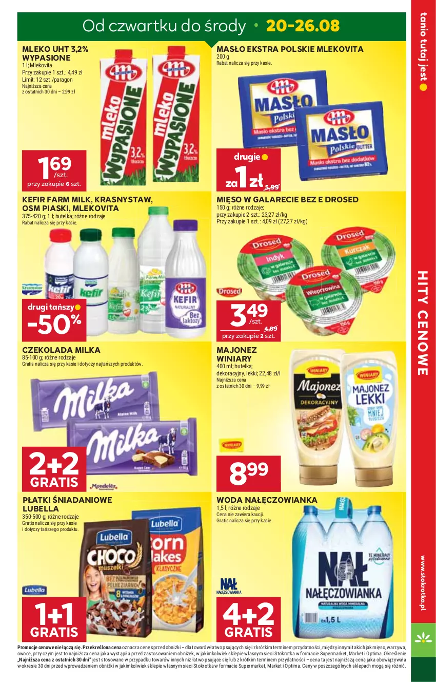Gazetka promocyjna Stokrotka - Supermarket - ważna 20.08 do 26.08.2026 - strona 5 - produkty: Bell, Bella, Czekolada, Danio, Fa, Farm Milk, Gala, Gra, Kefir, Lubella, Majonez, Masło, Mięso, Mięso w galarecie, Milka, Mleko, Mlekovita, Nałęczowianka, Optima, Owoce, Warzywa, Winiary, Woda