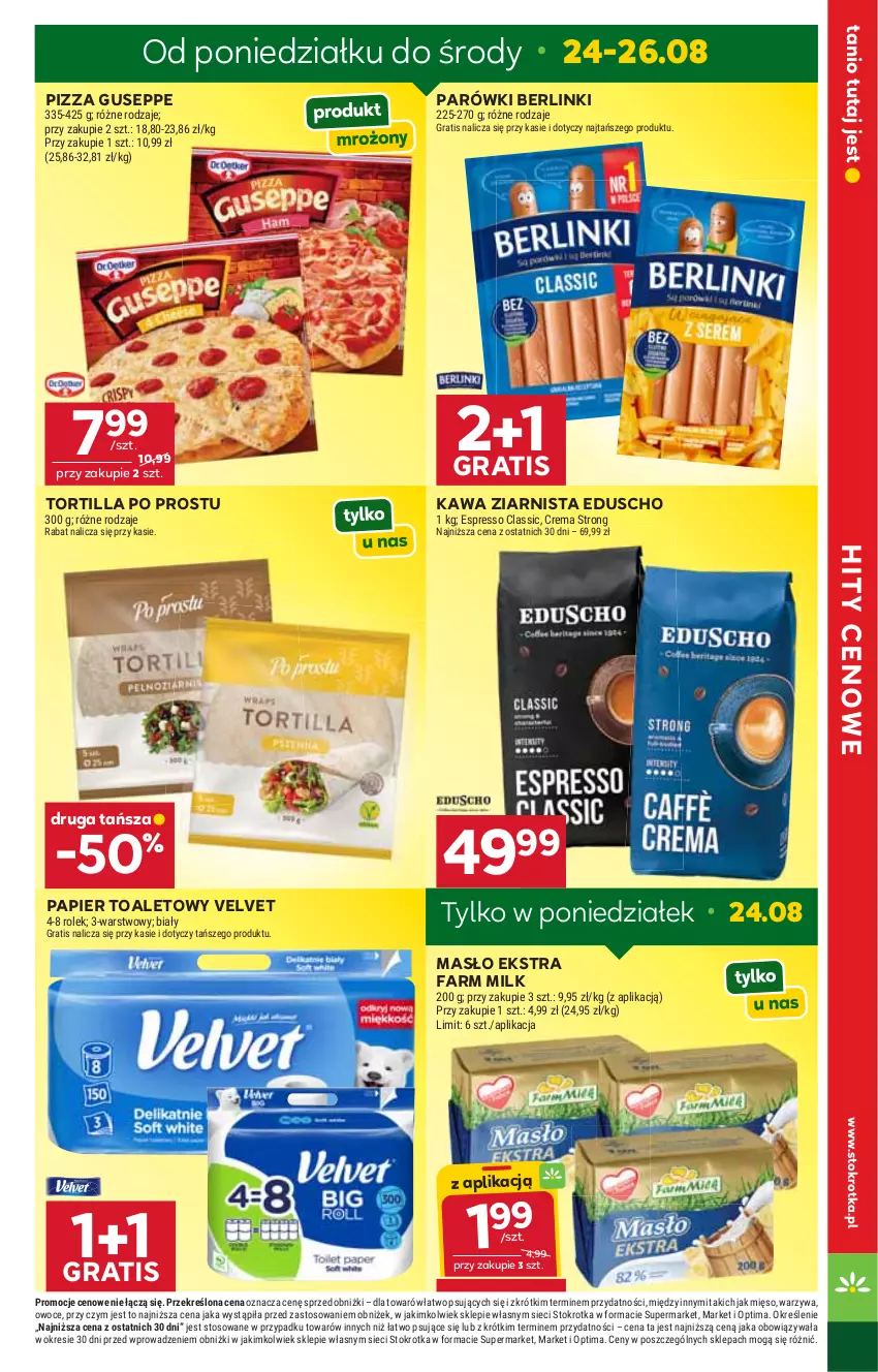 Gazetka promocyjna Stokrotka - Supermarket - ważna 20.08 do 26.08.2026 - strona 7 - produkty: Berlinki, Fa, Farm Milk, Gra, Kawa, Kawa ziarnista, Masło, Mięso, Optima, Owoce, Papier, Papier toaletowy, Parówki, Pizza, Tortilla, Velvet, Warzywa