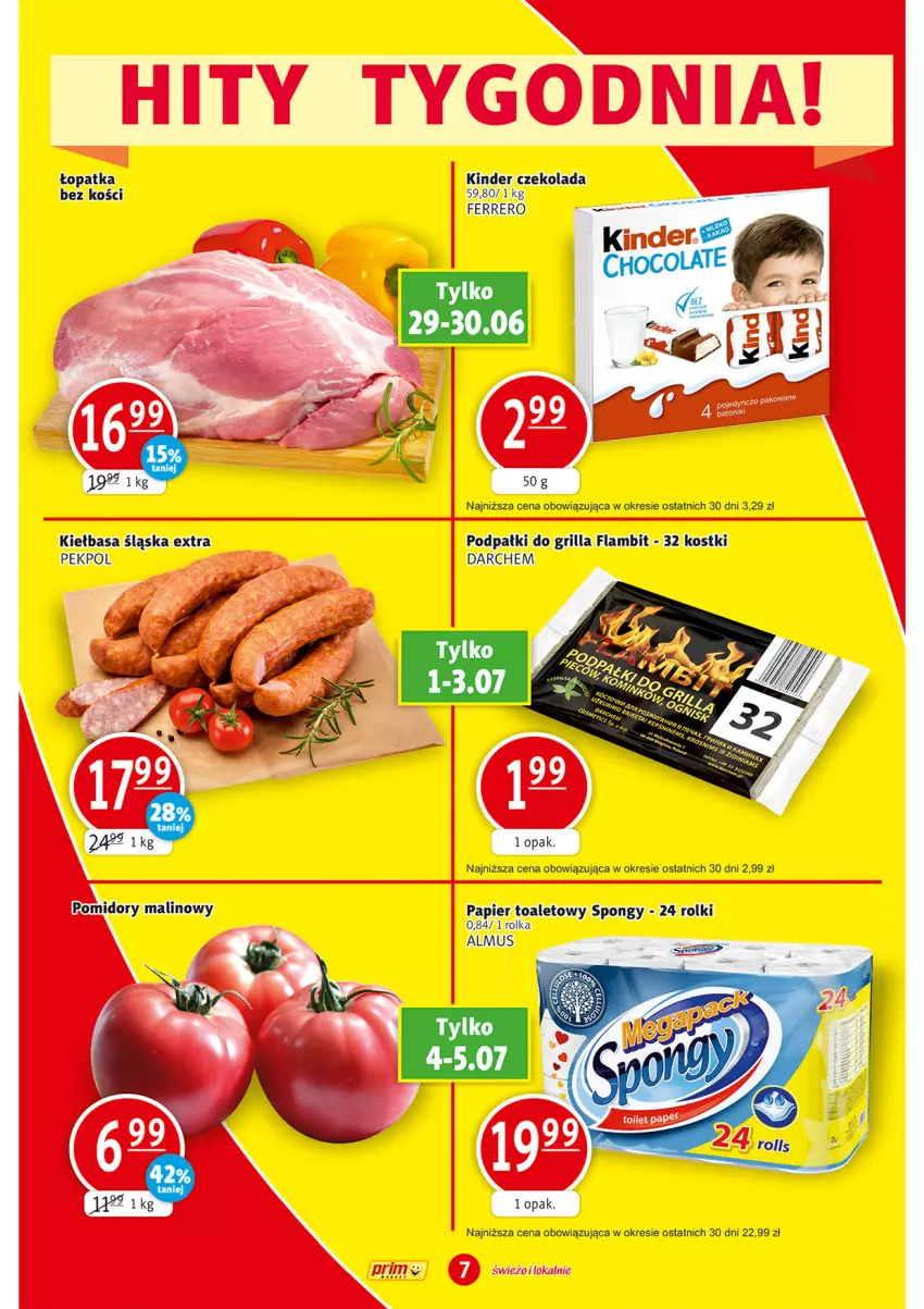 Gazetka promocyjna Prim Market - ważna 29.06 do 05.07.2023 - strona 7 - produkty: Czekolada, Ferrero, Grill, Kiełbasa, Kiełbasa śląska, Kinder, Mus, Papier, Papier toaletowy, Pekpol, Pomidory, Rolki