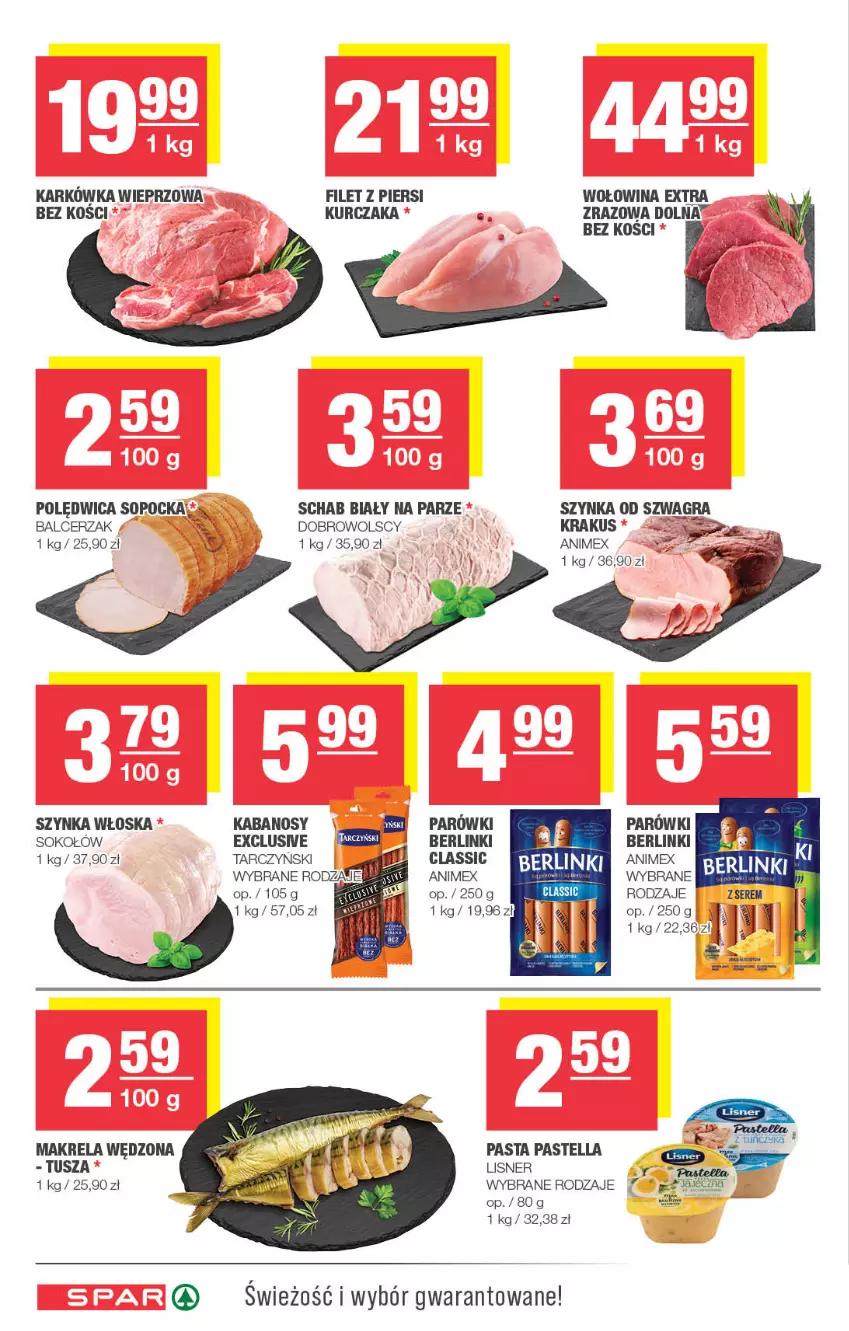 Gazetka promocyjna Spar - Spar - ważna 09.02 do 19.02.2025 - strona 4 - produkty: Berlinki, Gra, Kabanos, Karkówka wieprzowa, Krakus, Kurczak, Lisner, Parówki, Pastella, Polędwica, Sok, Sokołów, Szynka, Tarczyński, Tusz, Wołowina