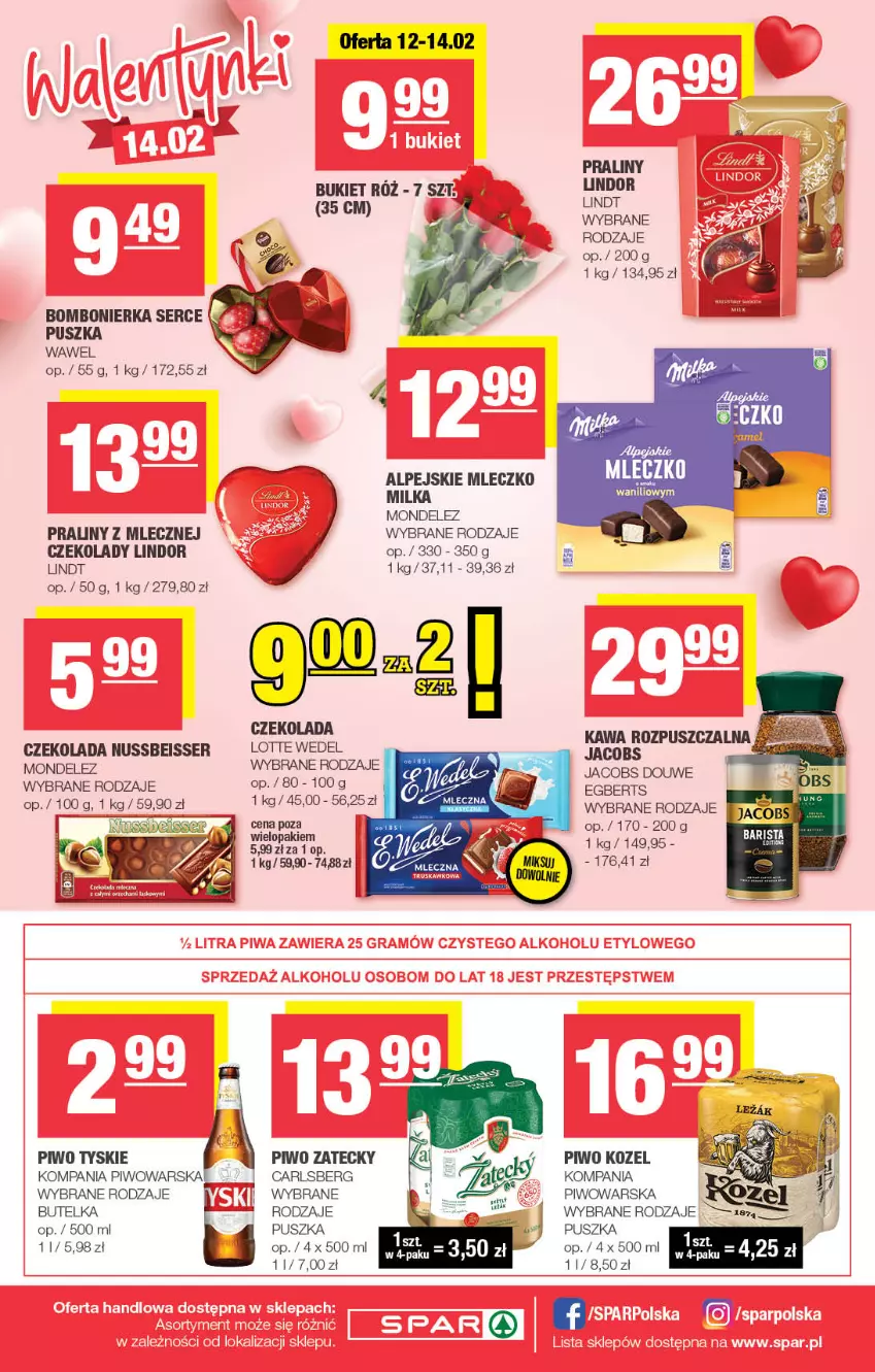 Gazetka promocyjna Spar - Spar - ważna 09.02 do 19.02.2025 - strona 8 - produkty: Bukiet, Carlsberg, Czekolada, Jacobs, Kawa, Kawa rozpuszczalna, Kozel, Lindor, Lindt, Milka, Mleczko, Piwo, Praliny, Ser, Tyskie, Wawel