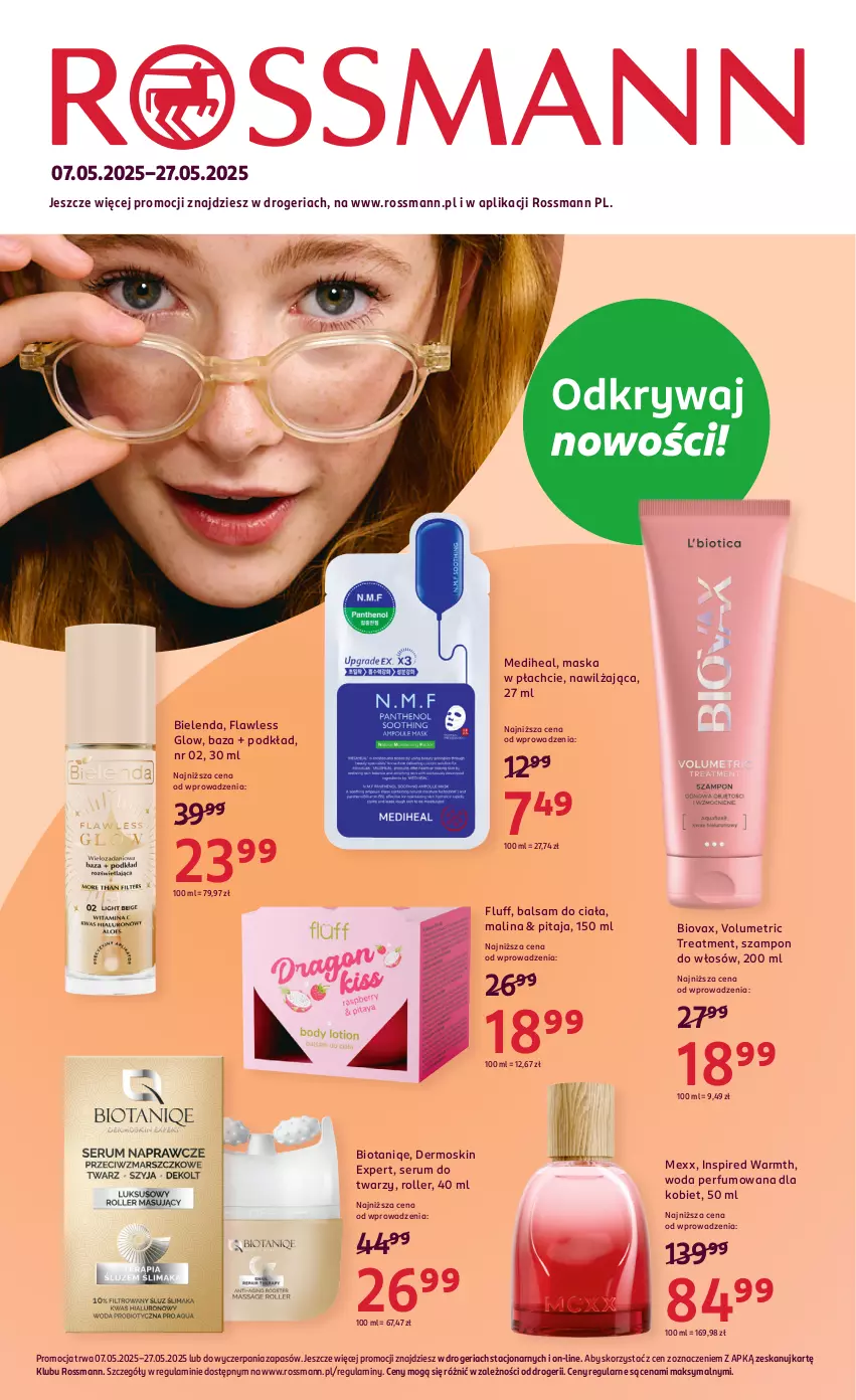 Gazetka promocyjna Rossmann - 7 maja - ważna 07.05 do 27.05.2025 - strona 1 - produkty: Balsam do ciała, Bielenda, Biovax, Maska, Maska w płachcie, Mexx, Perfum, Podkład, Roller, Rum, Ser, Serum, Serum do twarzy, Szampon, Woda, Woda perfumowana