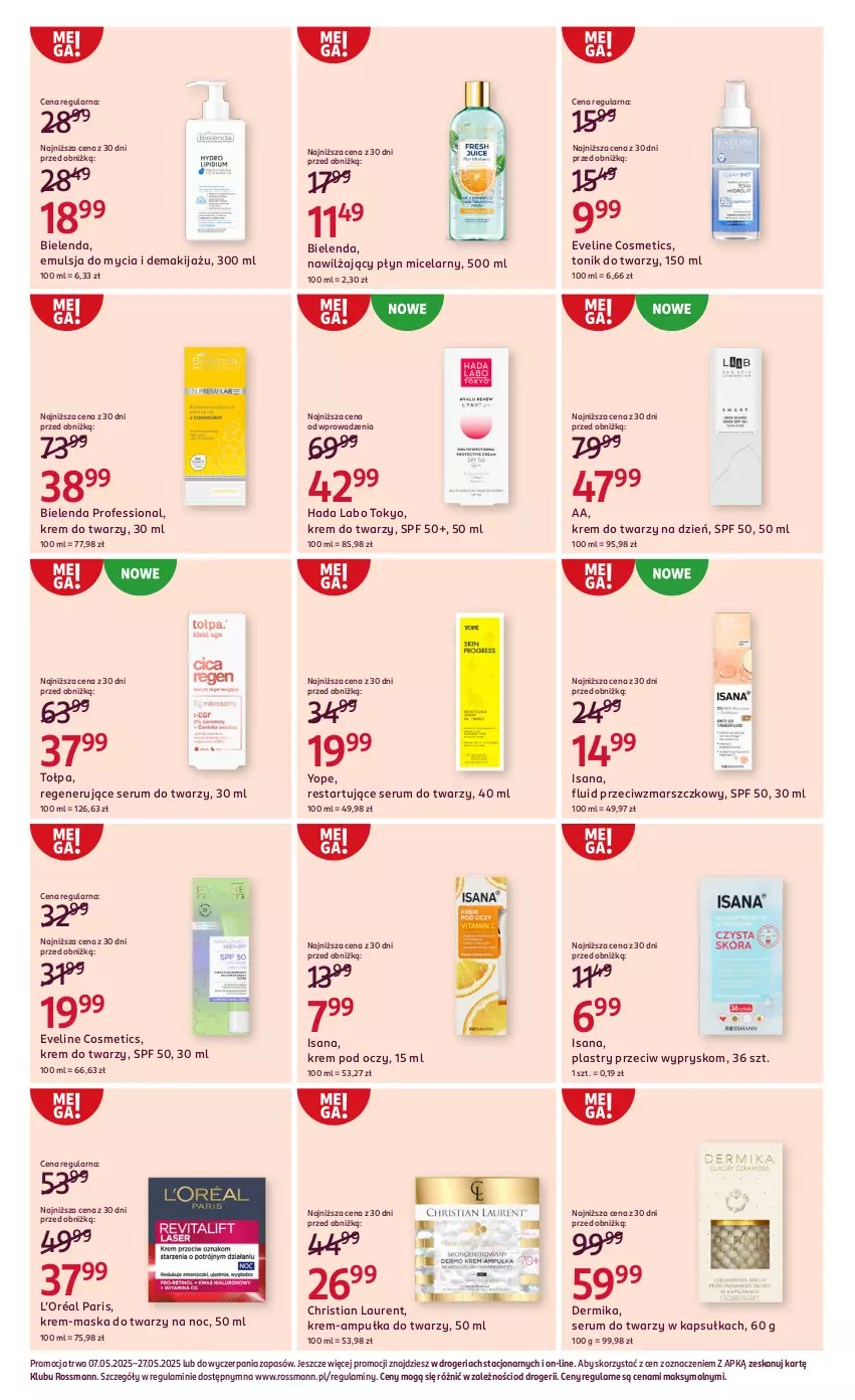 Gazetka promocyjna Rossmann - 7 maja - ważna 07.05 do 27.05.2025 - strona 3 - produkty: Bielenda, Dermika, Emulsja, Emulsja do mycia, Eveline, Hada Labo Tokyo, Isana, Krem do twarzy, Krem pod oczy, L’Oréal, Laur, Makijaż, Mars, Maska, Maska do twarzy, Płyn micelarny, Rum, Ser, Serum, Serum do twarzy, Tołpa, Tonik, Tonik do twarzy, Yope