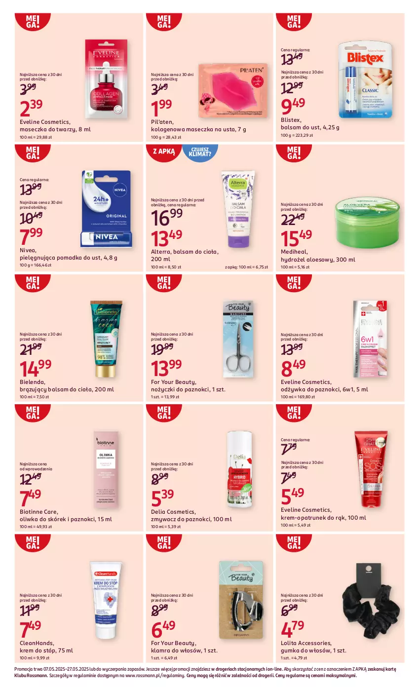 Gazetka promocyjna Rossmann - 7 maja - ważna 07.05 do 27.05.2025 - strona 4 - produkty: Alterra, Balsam do ciała, Balsam do ust, Bielenda, Eveline, For Your Beauty, Kolagen, Krem do stóp, Nivea, Noż, Nożyczki, Odżywka, Zmywacz do paznokci