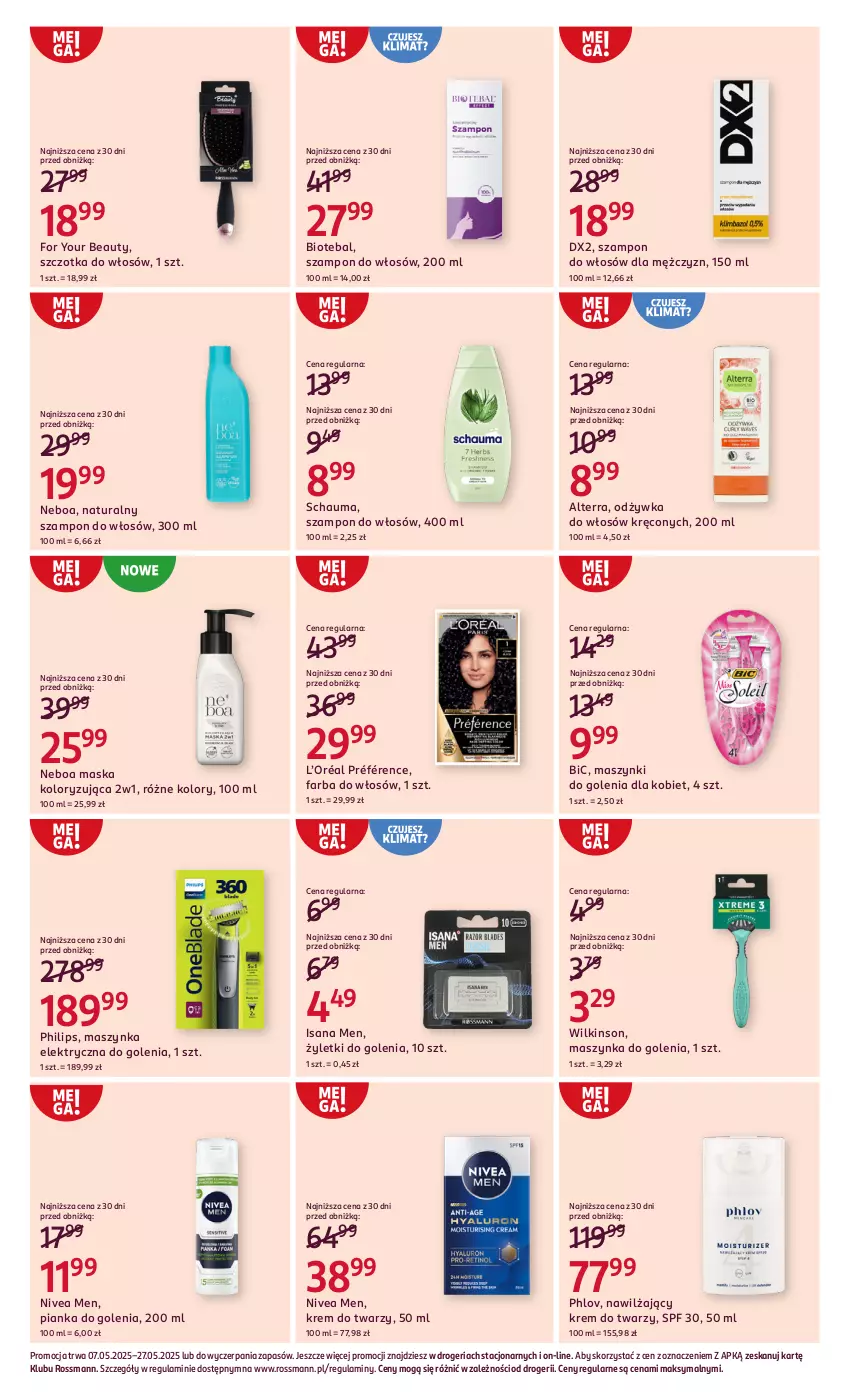 Gazetka promocyjna Rossmann - 7 maja - ważna 07.05 do 27.05.2025 - strona 5 - produkty: Alterra, BIC, BIOTEBAL, DX2, Fa, Farba do włosów, For Your Beauty, Isana, Krem do twarzy, L’Oréal, Maska, Maszynka, Maszynka do golenia, Nivea, Nivea Men, Odżywka, Philips, Pianka do golenia, Schauma, Szampon, Szczotka, Szczotka do włosów, Szynka