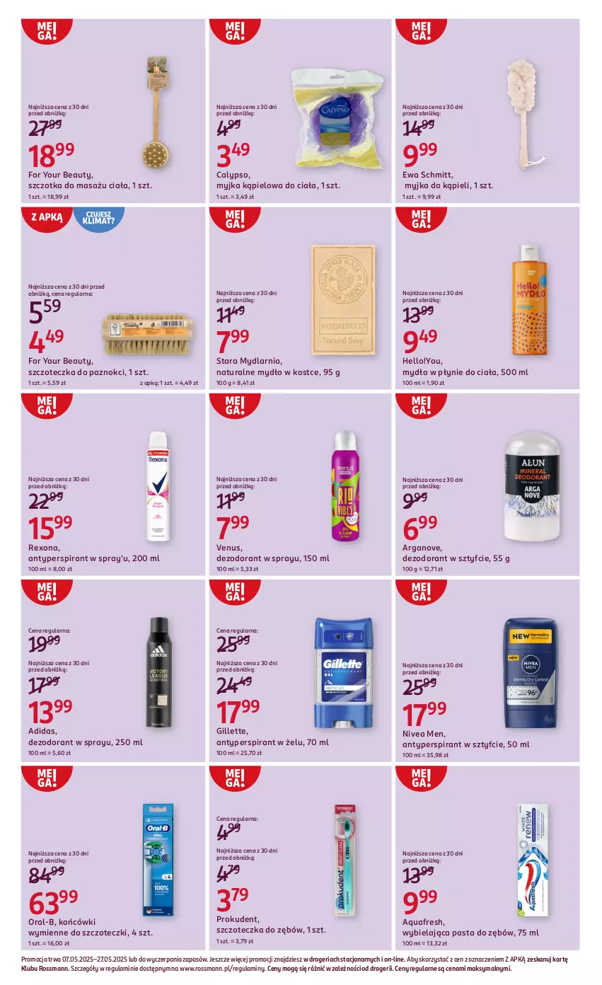 Gazetka promocyjna Rossmann - 7 maja - ważna 07.05 do 27.05.2025 - strona 9 - produkty: Adidas, Antyperspirant, Aquafresh, Dezodorant, Ewa Schmitt, For Your Beauty, Gillette, Mydło, Mydło w płynie, Nivea, Nivea Men, Pasta do zębów, Prokudent, Rexona, Szczoteczka, Szczoteczka do zębów, Szczotka, Venus