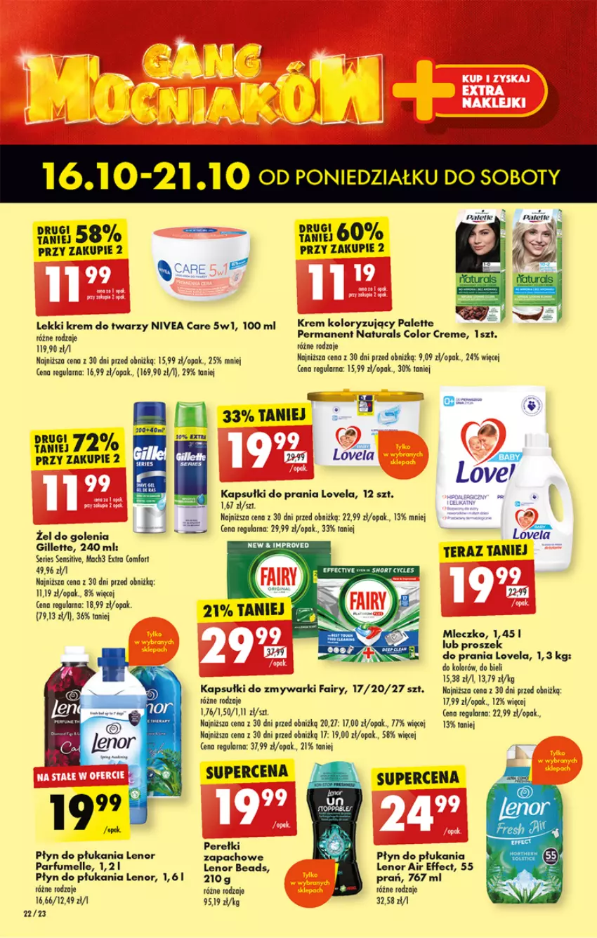 Gazetka promocyjna Biedronka - Od poniedzialku - ważna 16.10 do 21.10.2023 - strona 22 - produkty: Color Creme, Fa, Fairy, Gillette, Kapsułki do prania, Krem do twarzy, LANA, Lenor, Lovela, Mach3, Mleczko, Nivea, Palette, Płyn do płukania, Ser, Tera, Zmywarki