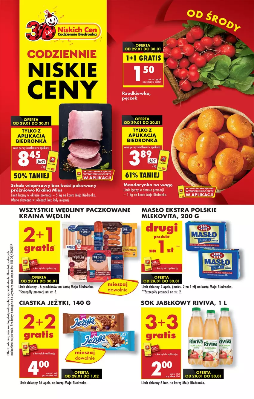 Gazetka promocyjna Biedronka - Od Środy - ważna 29.01 do 30.01.2025 - strona 1 - produkty: Ciastka, Fa, Gra, Jeżyki, Kret, Masło, Mleko, Mlekovita, Sok, Sok jabłkowy, UHU