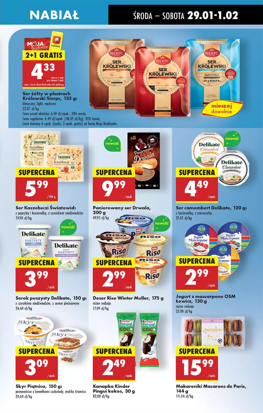 Gazetka promocyjna Biedronka - Od Środy - ważna 29.01 do 30.01.2025 - strona 33 - produkty: Camembert, Deser, Gra, Jogurt, Kawa, Kinder, Kokos, Makaron, Piątnica, Ser, Serek, Serek puszysty