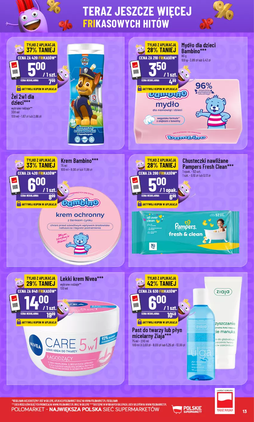 Gazetka promocyjna PoloMarket - Frikasy G35 - ważna 26.08 do 01.09.2026 - strona 13 - produkty: Chusteczki, Cynk, Dzieci, Krem do twarzy, Laur, Mydło, Nivea, Olej, Pampers, Płyn micelarny, Ziaja