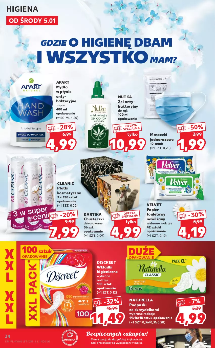 Gazetka promocyjna Kaufland - OFERTA TYGODNIA - ważna 05.01 do 12.01.2022 - strona 34 - produkty: Chusteczki, Cleanic, Discreet, Mydło, Mydło w płynie, Naturell, Naturella, Papier, Papier toaletowy, Piec, Płatki kosmetyczne, Podpaski, Podpaski ze skrzydełkami, Velvet, Wkładki