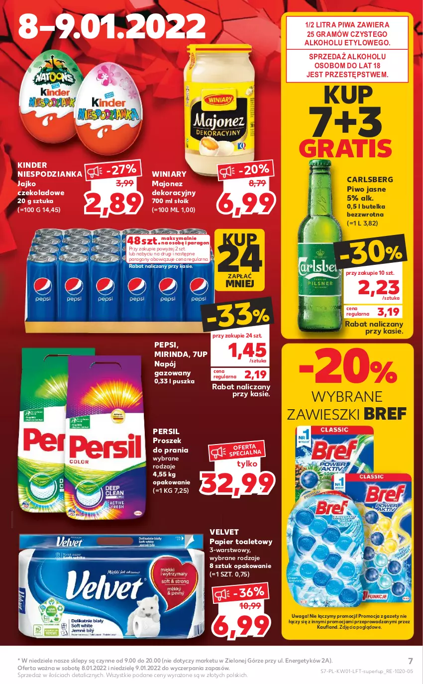 Gazetka promocyjna Kaufland - OFERTA TYGODNIA - ważna 05.01 do 12.01.2022 - strona 7 - produkty: 7up, Bref, Carlsberg, Gra, Kinder, Majonez, Mirinda, Napój, Napój gazowany, Papier, Papier toaletowy, Pepsi, Persil, Piwa, Piwo, Piwo jasne, Proszek do prania, Velvet, Waga, Winiary, Zawieszki