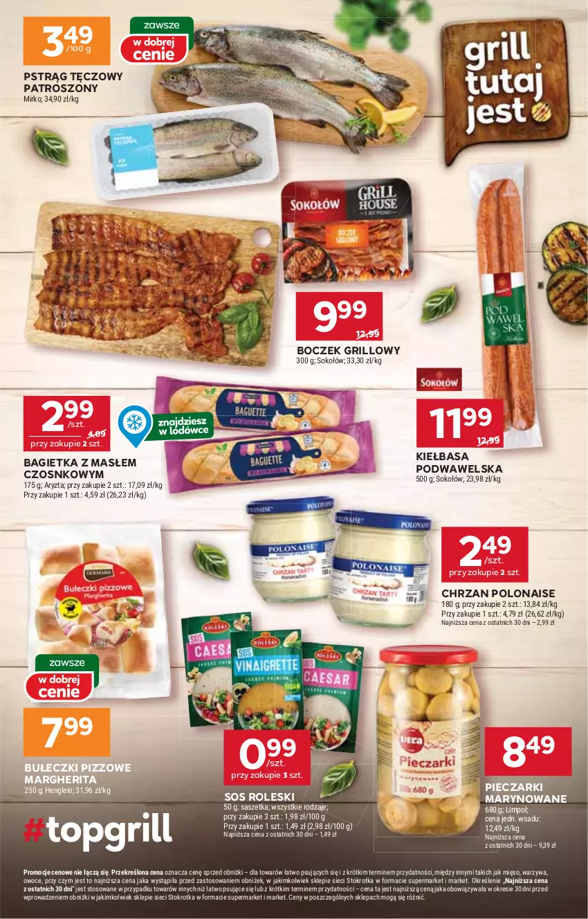 Gazetka promocyjna Stokrotka - Supermarket - ważna 24.07 do 30.07.2025 - strona 13 - produkty: Bagietka, Boczek, Bułeczki, Chrzan, Grill, Kiełbasa, Kiełbasa podwawelska, Mięso, Owoce, Piec, Pstrąg, Pstrąg tęczowy, Sok, Sokołów, Sos, Warzywa, Wawel