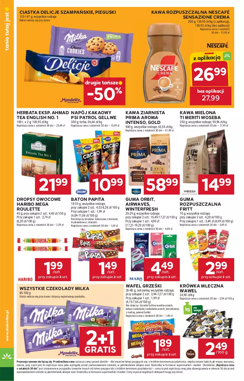 Gazetka promocyjna Stokrotka - Supermarket - ważna 24.07 do 30.07.2025 - strona 24 - produkty: Baton, Ciastka, Czekolada, Delicje, Gra, Grześki, Guma rozpuszczalna, Haribo, Herbata, Jutrzenka, Kakao, Kawa, Kawa mielona, Kawa rozpuszczalna, Kawa ziarnista, Kokos, Mięso, Milka, Napój, Nescafé, Orbit, Owoce, Prima, Psi Patrol, Torba, Warzywa, Wawel, Woseba