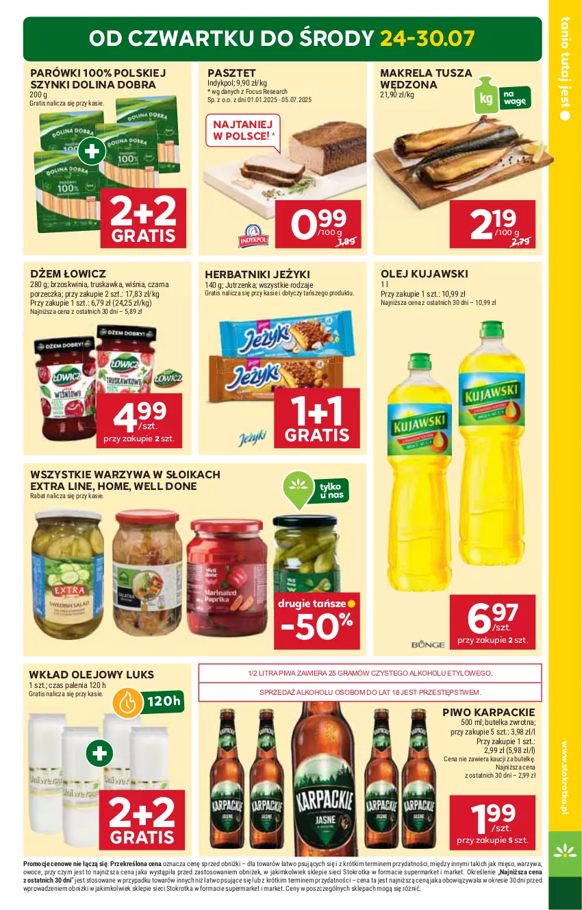 Gazetka promocyjna Stokrotka - Supermarket - ważna 24.07 do 30.07.2025 - strona 3 - produkty: Dżem, Gra, Herbatniki, Jeżyki, Jutrzenka, Karp, Kujawski, Mięso, Olej, Owoce, Parówki, Pasztet, Piwa, Piwo, Por, Tusz, Warzywa, Wkład olejowy