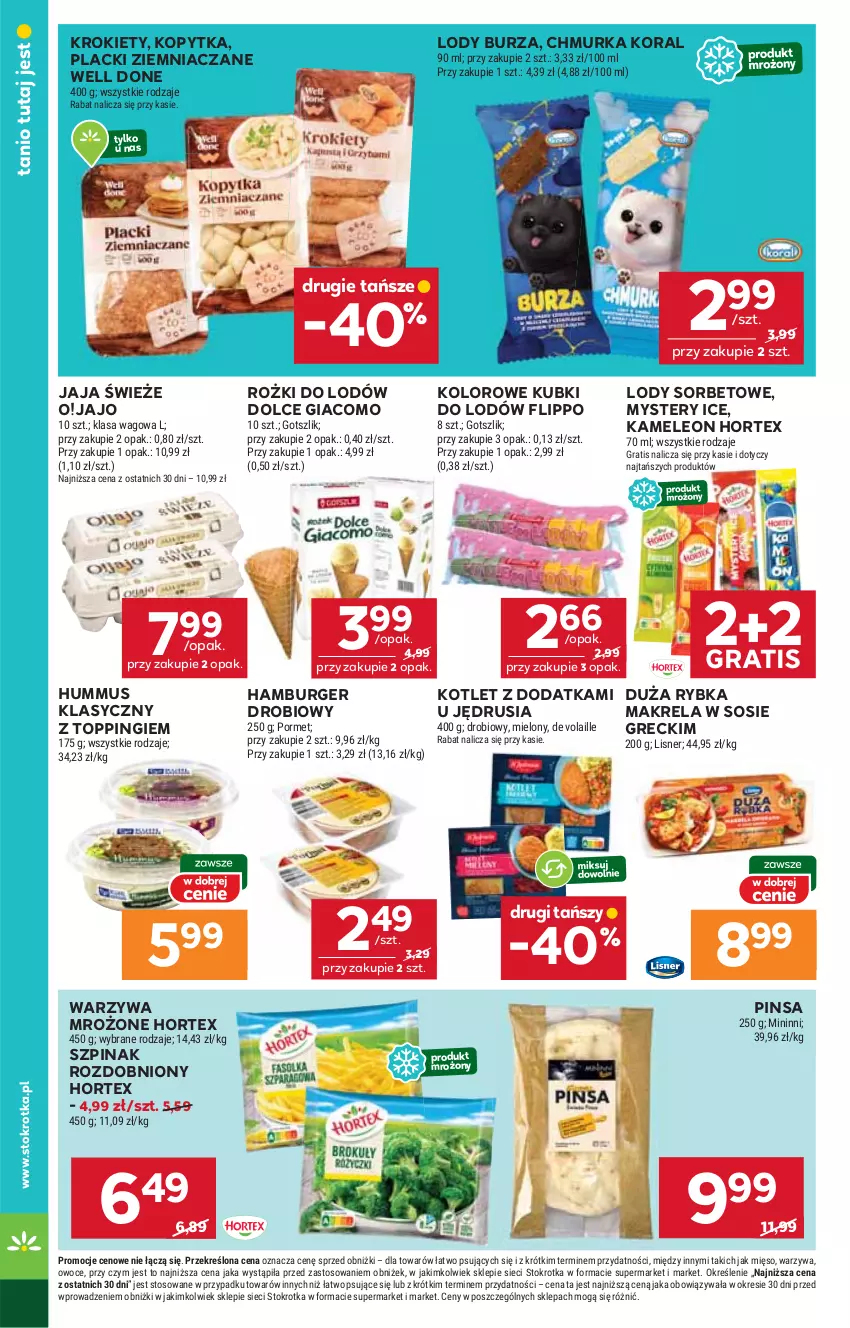 Gazetka promocyjna Stokrotka - Supermarket - ważna 24.07 do 30.07.2025 - strona 32 - produkty: Burger, Eleo, Gra, Hamburger, Hortex, Hummus, Jaja, Kopytka, Kotlet, Krokiety, Lack, Leon, Lisner, Lody, Mięso, Mus, Owoce, Por, Sos, Szpinak, Top, Warzywa