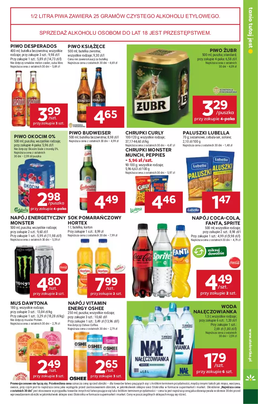 Gazetka promocyjna Stokrotka - Supermarket - ważna 24.07 do 30.07.2025 - strona 33 - produkty: Bell, Bella, Cebula, Chrupki, Coca-Cola, Dawtona, Desperados, Fa, Fanta, Gra, Hortex, Koc, Książęce, Lubella, Melon, Mięso, Monster Munch, Mus, Nałęczowianka, Napój, Napój energetyczny, Okocim, Oshee, Owoce, Piwa, Piwo, Ser, Sezam, Sok, Sok pomarańczowy, Sprite, Warzywa, Woda