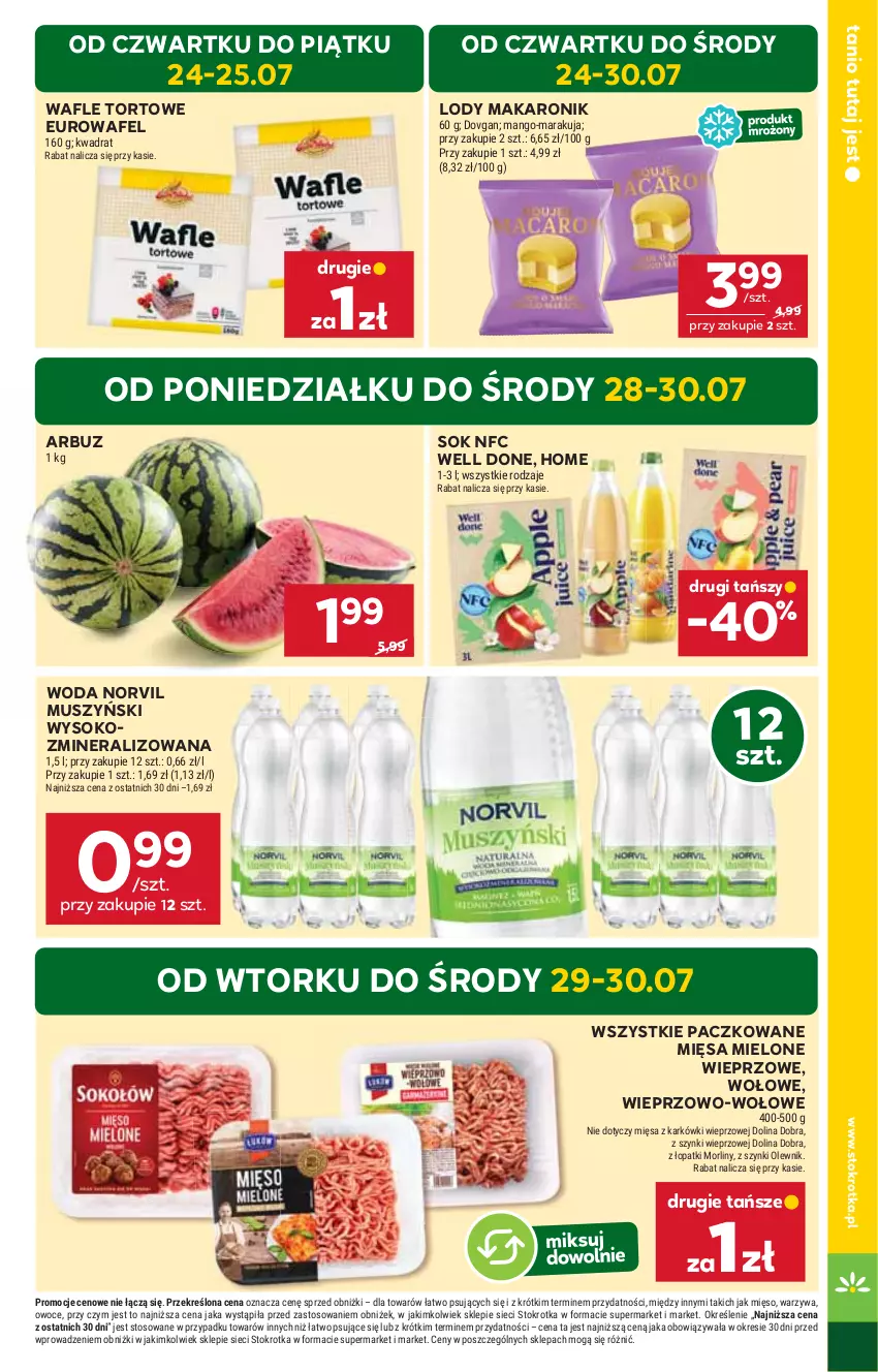 Gazetka promocyjna Stokrotka - Supermarket - ważna 24.07 do 30.07.2025 - strona 5 - produkty: Arbuz, Lody, Makaron, Mango, Mięso, Morliny, Mus, Olewnik, Owoce, Sok, Wafle, Wafle tortowe, Warzywa, Woda