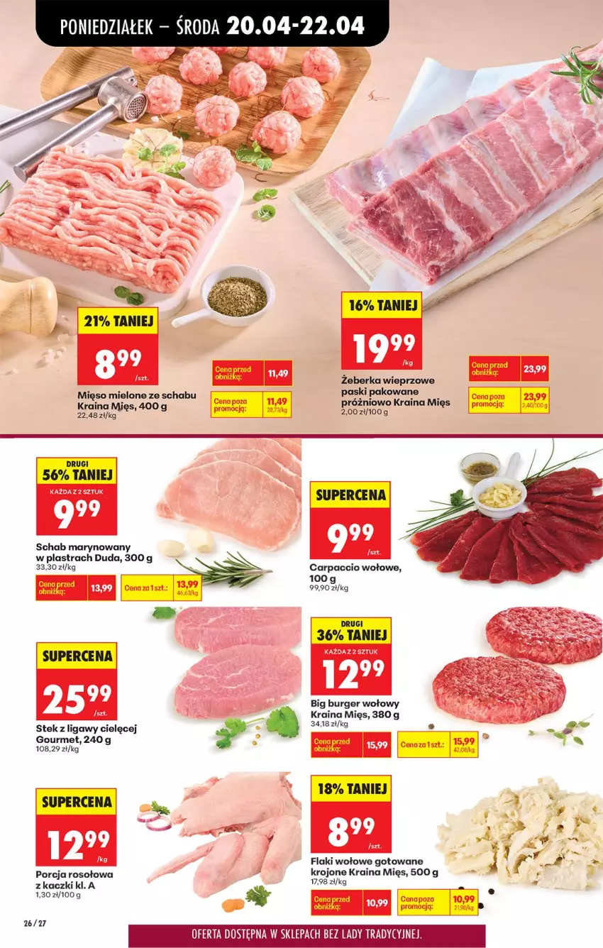 Gazetka promocyjna Biedronka - Od Poniedziałku - ważna 20.04 do 26.04.2026 - strona 32 - produkty: Burger, Carpaccio, Duda, Flaki, Flaki wołowe, Mięso, Mięso mielone, Por, Stek