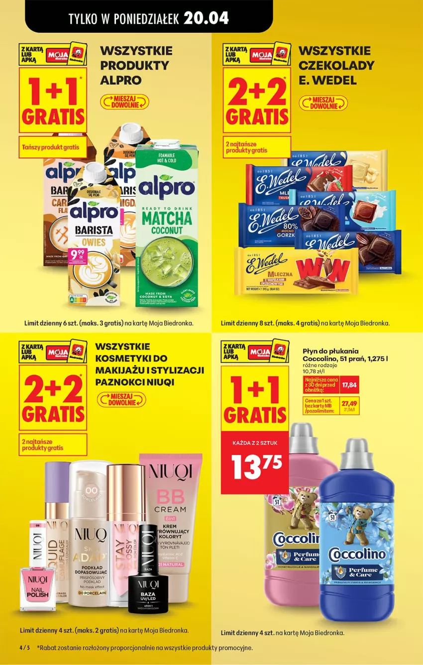 Gazetka promocyjna Biedronka - Od Poniedziałku - ważna 20.04 do 26.04.2026 - strona 4 - produkty: Alpro, Coccolino, E. Wedel, Gra, Makijaż, Niuqi, Płyn do płukania, Por, Ser, Serek