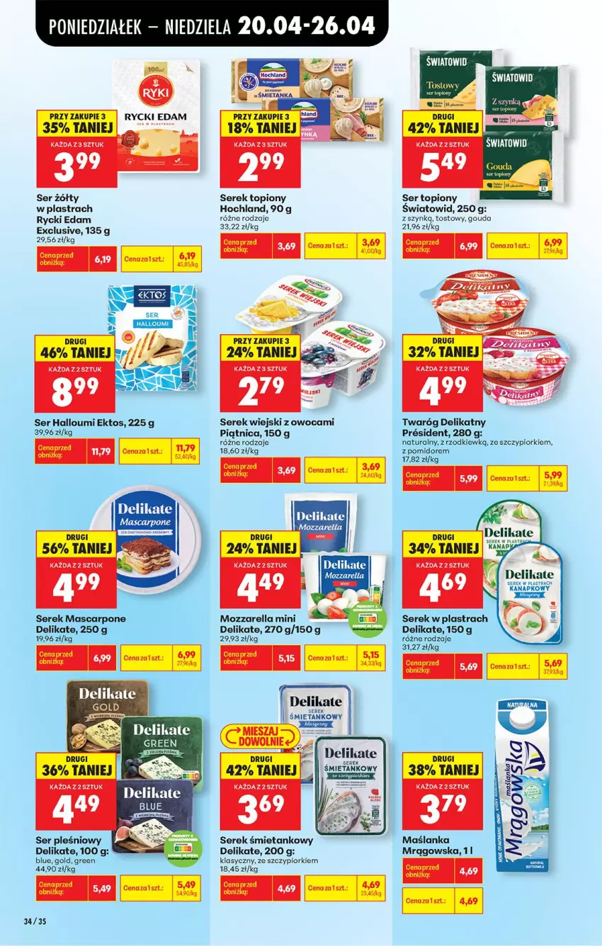 Gazetka promocyjna Biedronka - Od Poniedziałku - ważna 20.04 do 26.04.2026 - strona 44 - produkty: Edam, Fa, Gouda, Hochland, Mascarpone, Maślanka, Mozzarella, Piątnica, Rycki Edam, Ser, Ser pleśniowy, Ser topiony, Serek, Serek wiejski, Top, Twaróg, Twaróg delikatny