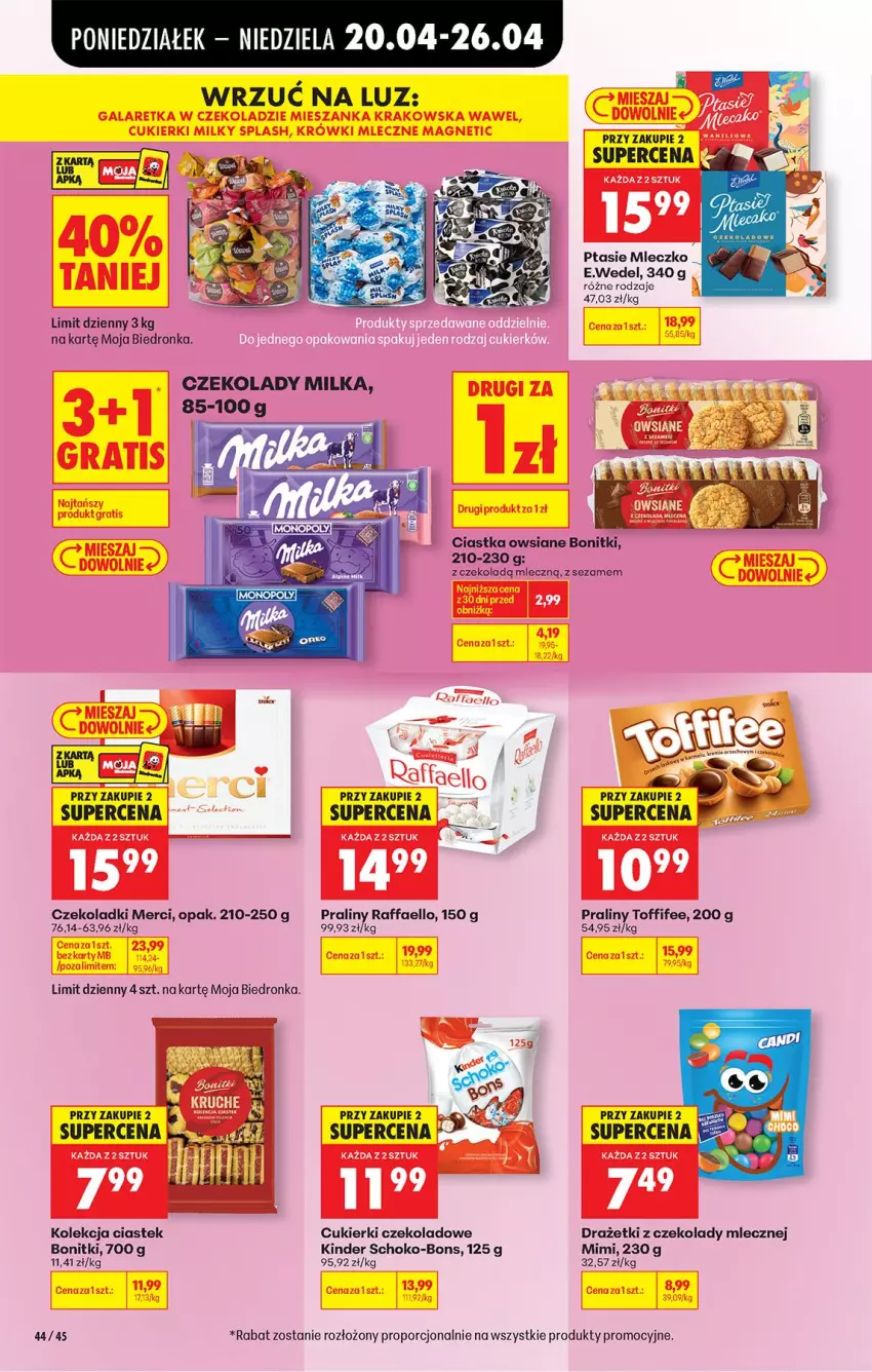 Gazetka promocyjna Biedronka - Od Poniedziałku - ważna 20.04 do 26.04.2026 - strona 56 - produkty: Bonitki, Ciastka, Ciastka owsiane, Cukier, Cukierki, Cukierki czekoladowe, Fa, Kinder, Merci, Milka, Mleczko, Por, Praliny, Ptasie mleczko, Raffaello, Sezam, Stek, Toffifee