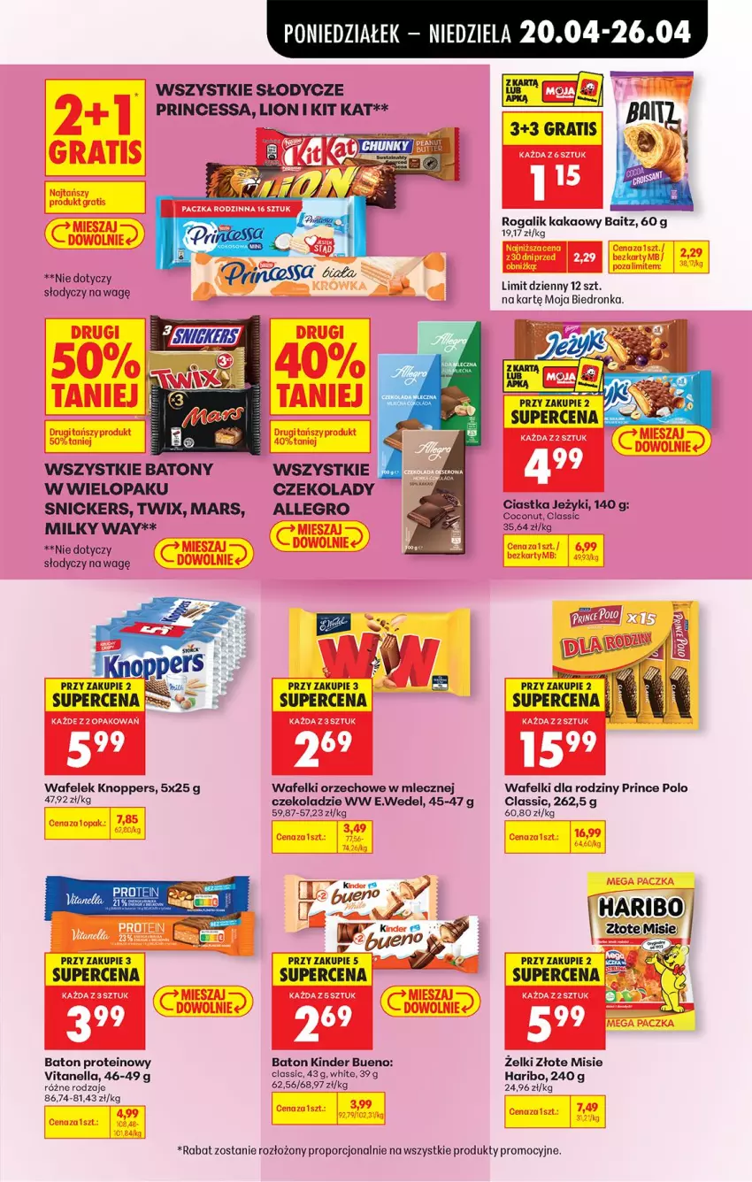 Gazetka promocyjna Biedronka - Od Poniedziałku - ważna 20.04 do 26.04.2026 - strona 57 - produkty: Allegro, Baton, Ciastka, Fa, Haribo, Jeżyki, Kakao, Kinder, Kinder Bueno, Kit Kat, Knoppers, Lion, Mars, Milky Way, Por, Prince Polo, Princessa, Rogal, Snickers, Twix, Wafelek