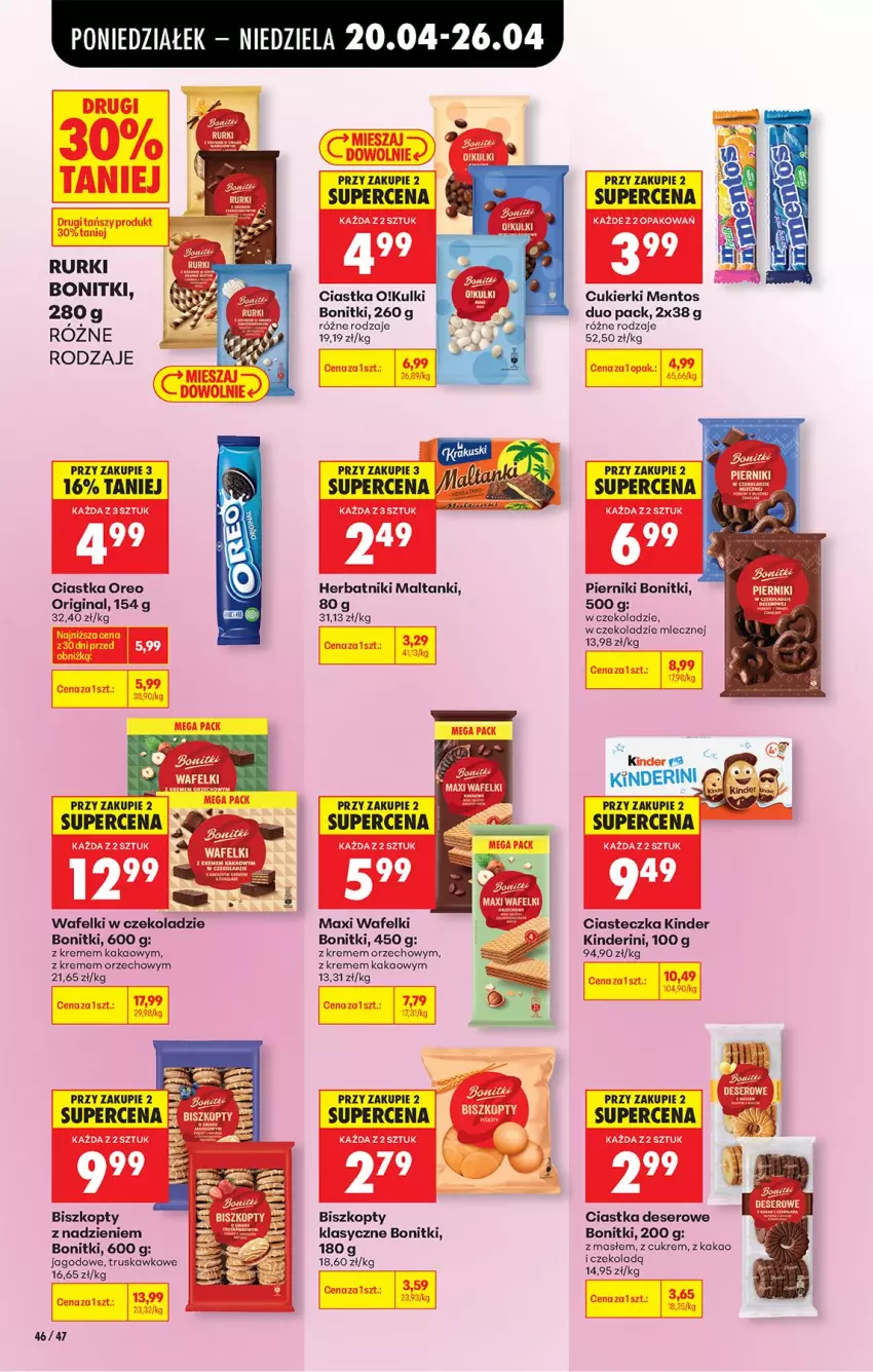 Gazetka promocyjna Biedronka - Od Poniedziałku - ważna 20.04 do 26.04.2026 - strona 64 - produkty: Biszkopty, Bonitki, Ciastka, Cukier, Cukierki, Deser, Fa, Gin, Herbatniki, Kakao, Kinder, Mentos, Oreo, Piernik, Rurki, Ser