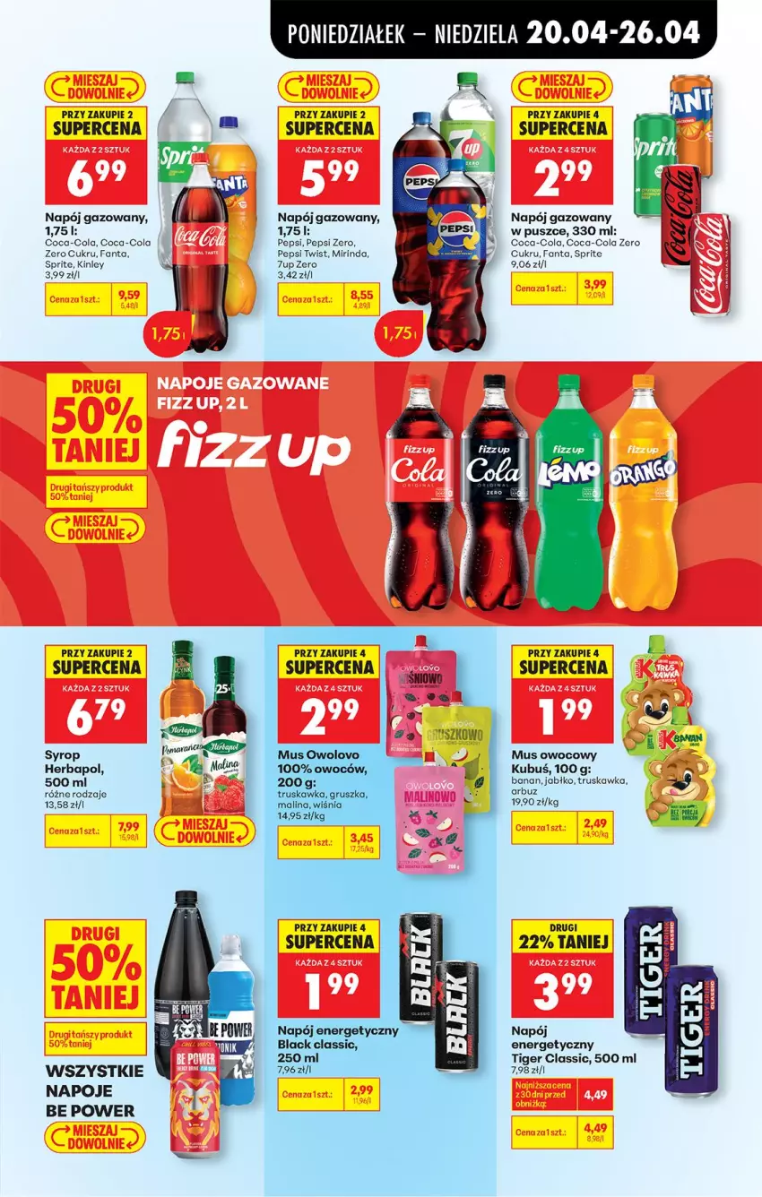 Gazetka promocyjna Biedronka - Od Poniedziałku - ważna 20.04 do 26.04.2026 - strona 69 - produkty: 7up, Arbuz, Coca-Cola, Fa, Fanta, Herbapol, HP, Kubuś, Lack, Mirinda, Mus, Napój, Napój energetyczny, Napój gazowany, Napoje, Pepsi, Sprite, Syrop, Tiger
