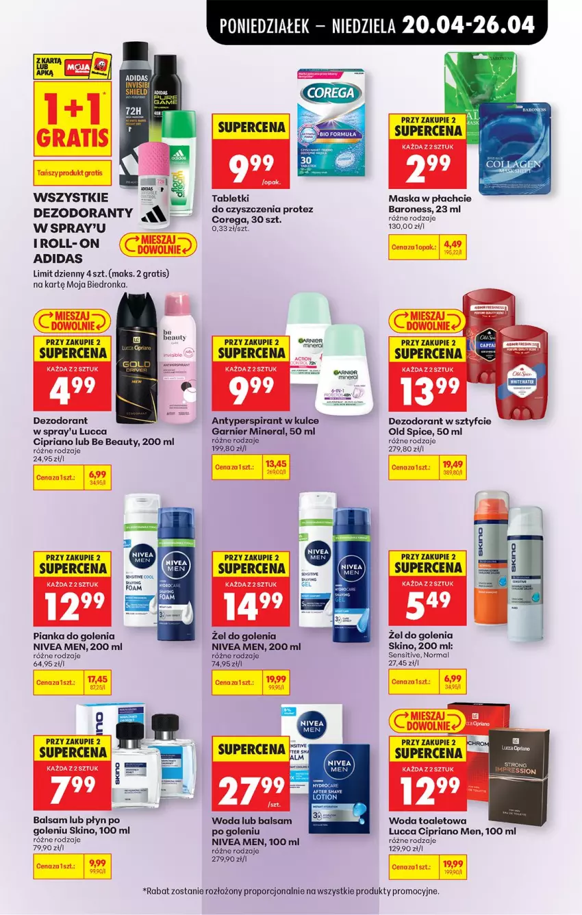 Gazetka promocyjna Biedronka - Od Poniedziałku - ważna 20.04 do 26.04.2026 - strona 73 - produkty: Adidas, Antyperspirant, Balsam po goleniu, Be Be, Corega, Dezodorant, Fotel, Garnier, Gra, Maska, Maska w płachcie, Nivea, Nivea Men, Old Spice, Pianka do golenia, Por, Tablet, Woda, Woda toaletowa