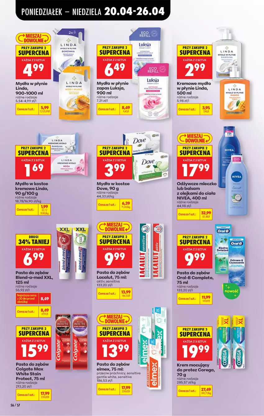 Gazetka promocyjna Biedronka - Od Poniedziałku - ważna 20.04 do 26.04.2026 - strona 76 - produkty: Blend-a-Med, Colgate, Corega, Dove, Elmex, Lacalut, LG, Luksja, Mleczko, Mydło, Mydło w płynie, Nivea, Olej, Pasta do zębów, Róża, Wełna