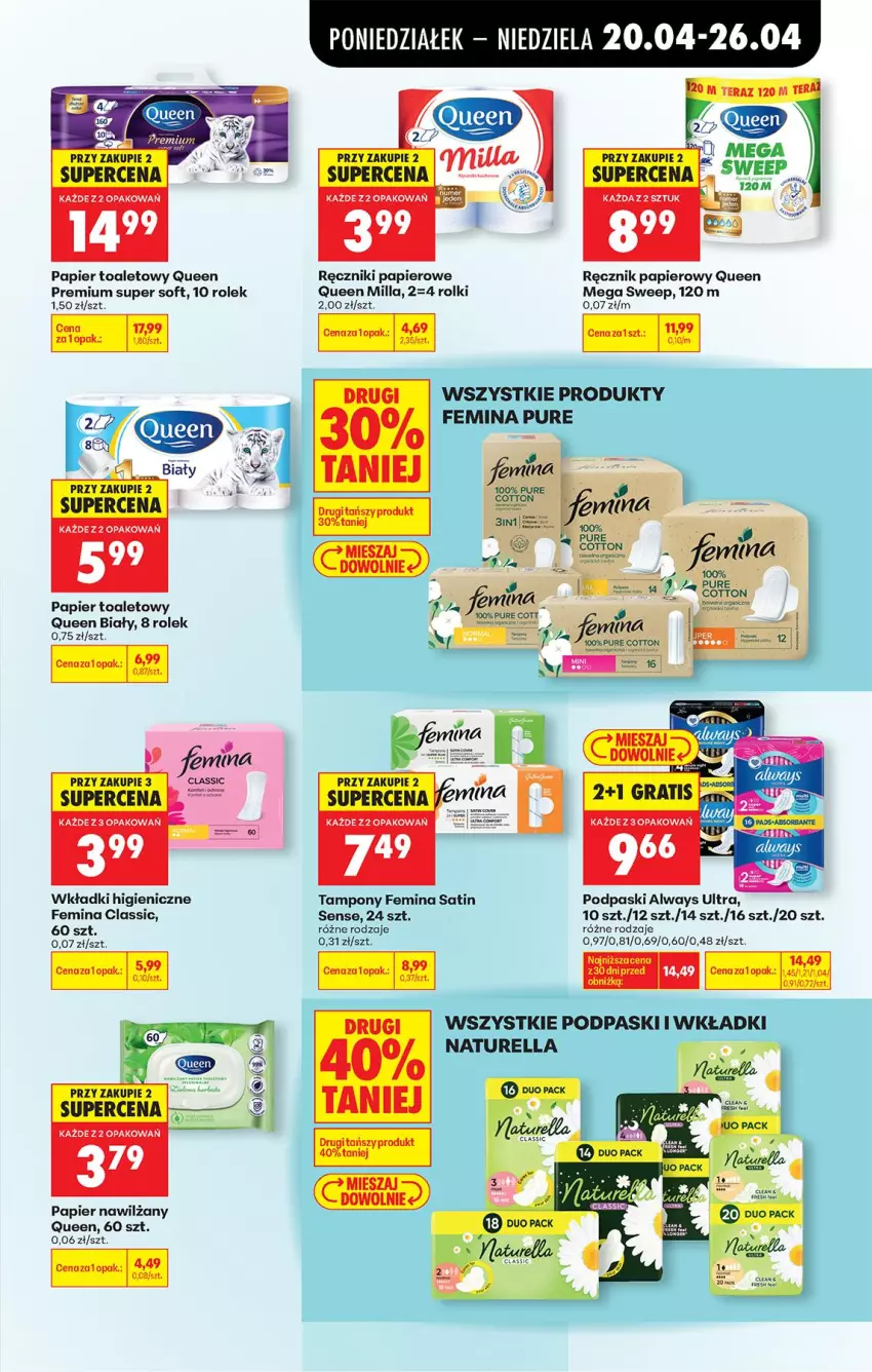 Gazetka promocyjna Biedronka - Od Poniedziałku - ważna 20.04 do 26.04.2026 - strona 77 - produkty: Always, Always Ultra, Naturell, Naturella, Papier, Papier toaletowy, Podpaski, Pur, Ręcznik, Ręczniki papierowe, Rolki, Sati, Tampony, Tera, Wkładki
