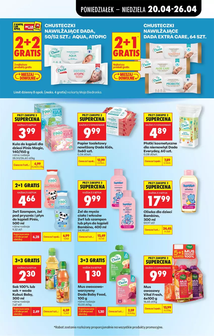 Gazetka promocyjna Biedronka - Od Poniedziałku - ważna 20.04 do 26.04.2026 - strona 79 - produkty: Chusteczki, Dada, Dzieci, Gra, Kubuś, Kula do kąpieli, Mus, Oliwka dla dzieci, Papier, Papier toaletowy, Płatki kosmetyczne, Por, Ser, Serek, Sok, Szampon, Top