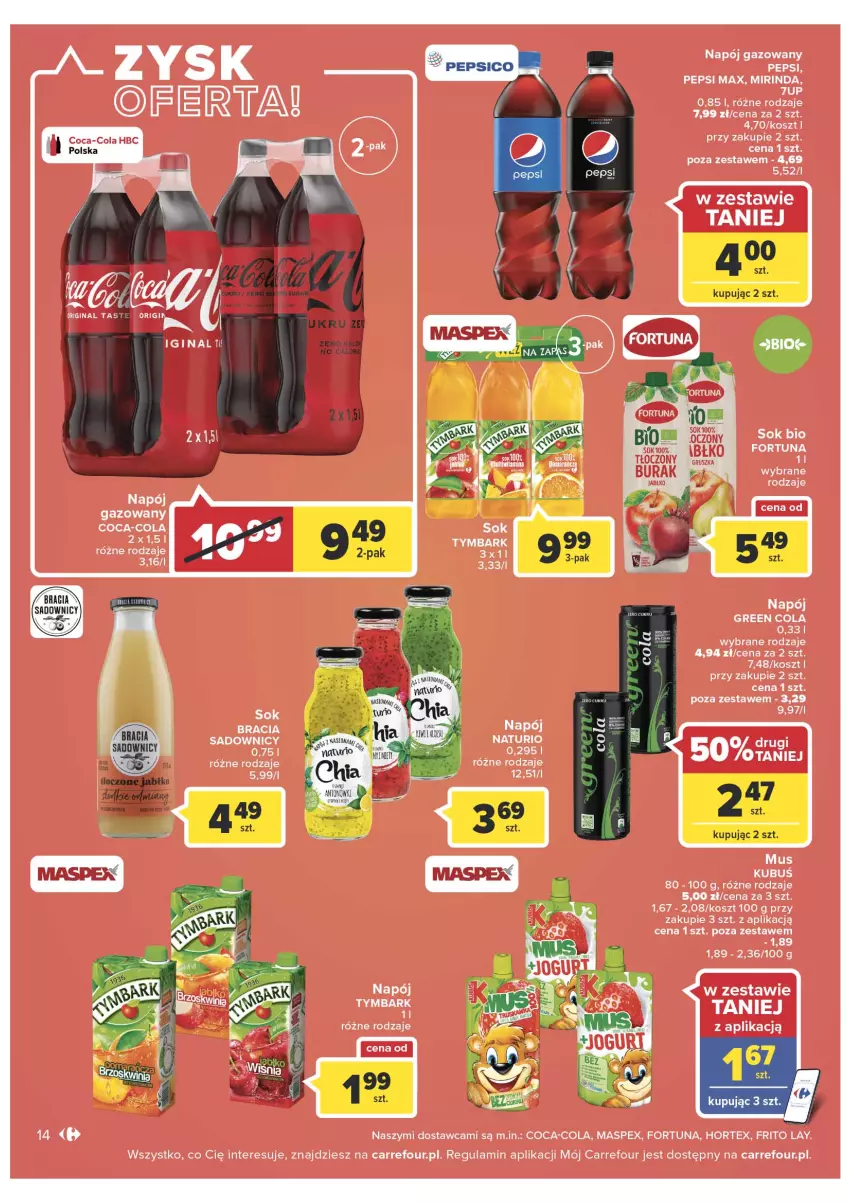 Gazetka promocyjna Carrefour - Gazetka Express - ważna 08.03 do 14.03.2022 - strona 14 - produkty: Coca-Cola, Fortuna, Gin, Hortex, Kosz, Kubuś, Mirinda, Mus, Napój, Napój gazowany, Pepsi, Pepsi max, Sok, Tymbark