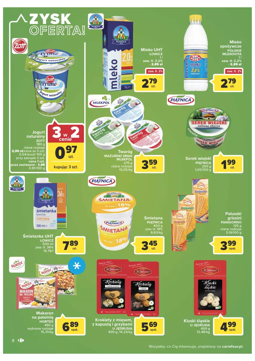 Gazetka promocyjna Carrefour - Gazetka Express - ważna 08.03 do 14.03.2022 - strona 8 - produkty: Hortex, Kapustą, Kosz, Krokiety, Makaron, Mleko, Mlekovita, Piątnica, Ser, Serek, Serek wiejski, Twaróg, Zott