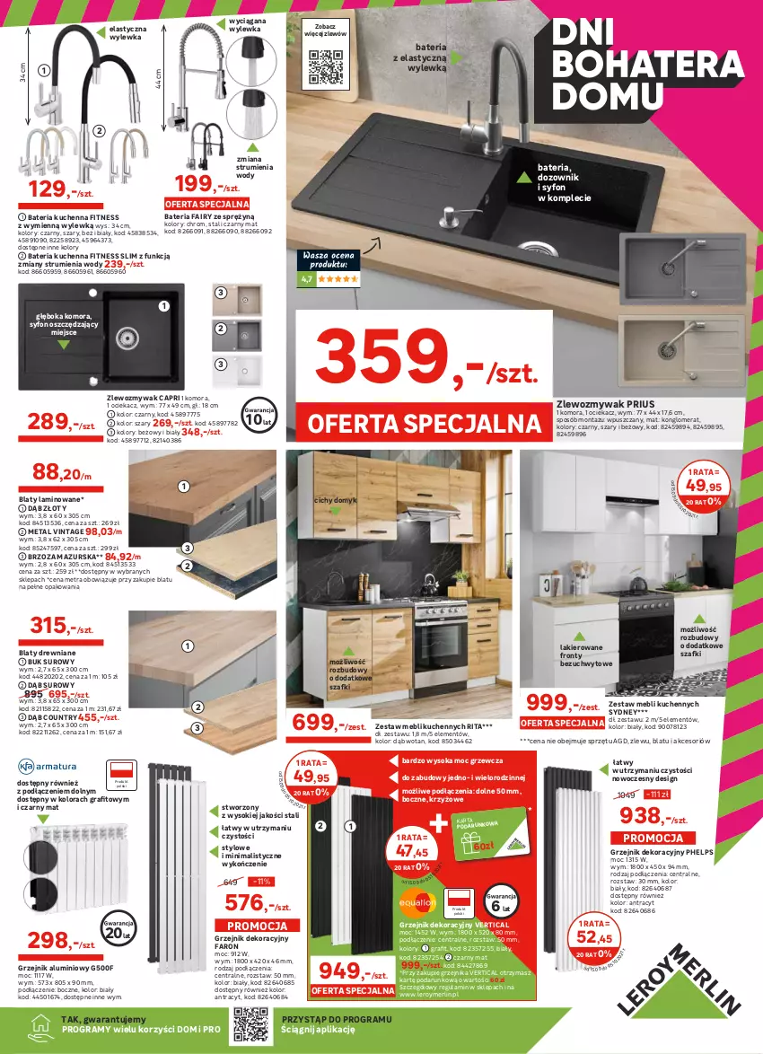 Gazetka promocyjna Leroy Merlin - Dni bohatera domu - ważna 15.09 do 21.09.2021 - strona 5 - produkty: Bateria, Bateria kuchenna, Dozownik, Fa, Fairy, Glazura, Gra, Gres, Gres szkliwiony, Grzejnik, Lakier, Lazur, Mus, Ociekacz, Płytka, Por, Rum, Sok, Sport, Syfon, Top, Tran, Zestaw mebli kuchennych, Zlew, Zlewozmywak