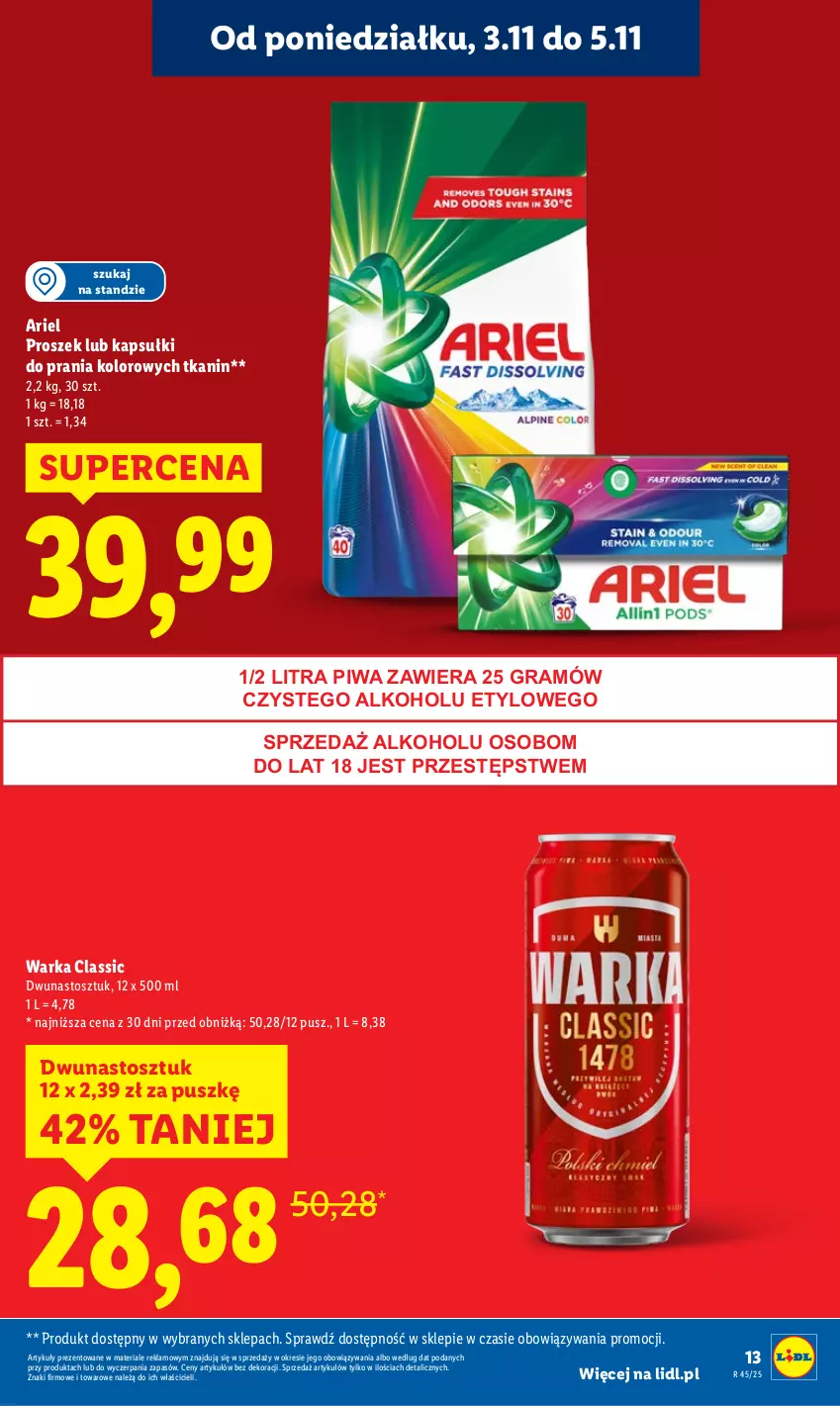 Gazetka promocyjna Lidl - GAZETKA - ważna 03.11 do 05.11.2025 - strona 13 - produkty: Ariel, Gra, Kapsułki do prania, Piwa, Warka