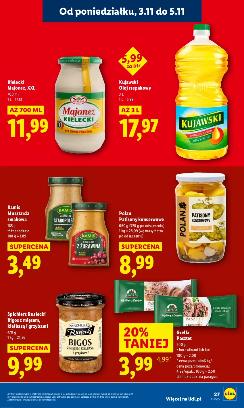 Gazetka promocyjna Lidl - GAZETKA - ważna 03.11 do 05.11.2025 - strona 29 - produkty: Bigos, Kamis, Kujawski, Majonez, Mus, Musztarda, Olej, Olej rzepakowy, Pasztet, Ser, Sony, Spichlerz Rusiecki
