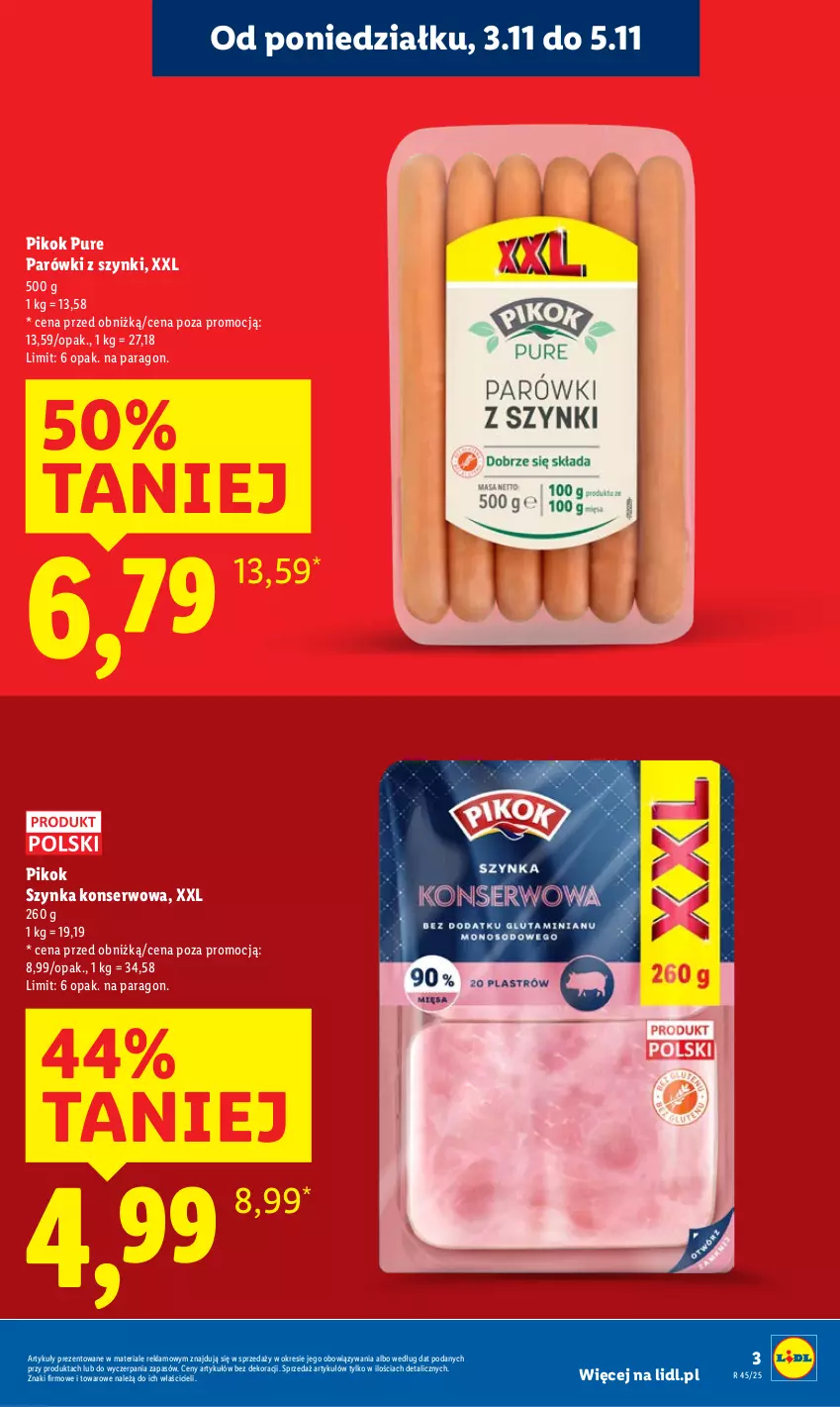 Gazetka promocyjna Lidl - GAZETKA - ważna 03.11 do 05.11.2025 - strona 3 - produkty: Parówki, Parówki z szynki, PIKOK, Pur, Ser, Szynka, Szynka konserwowa